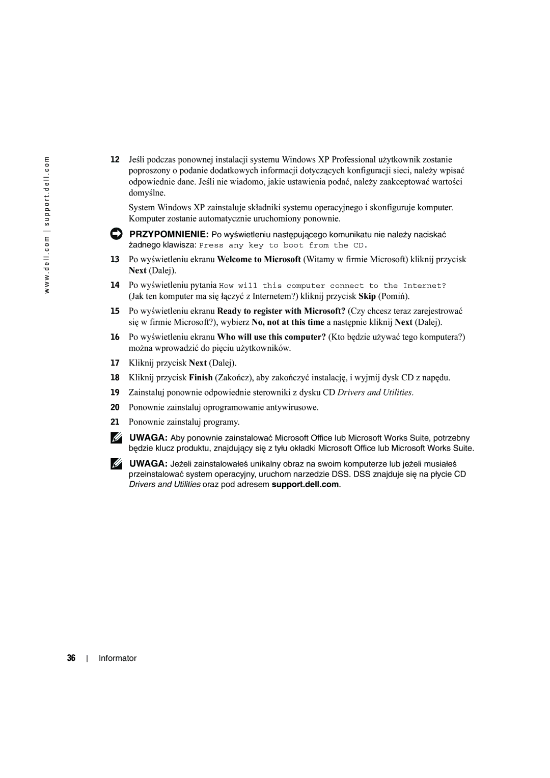 Dell X2956 manual Żadnego klawisza Press any key to boot from the CD 