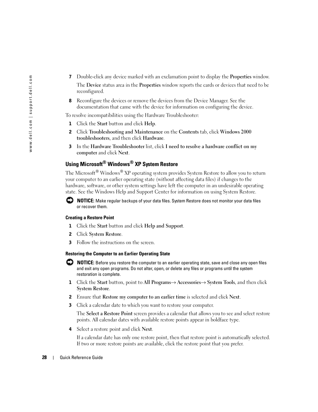 Dell X2956 manual Using Microsoft Windows XP System Restore, Creating a Restore Point, Click System Restore 