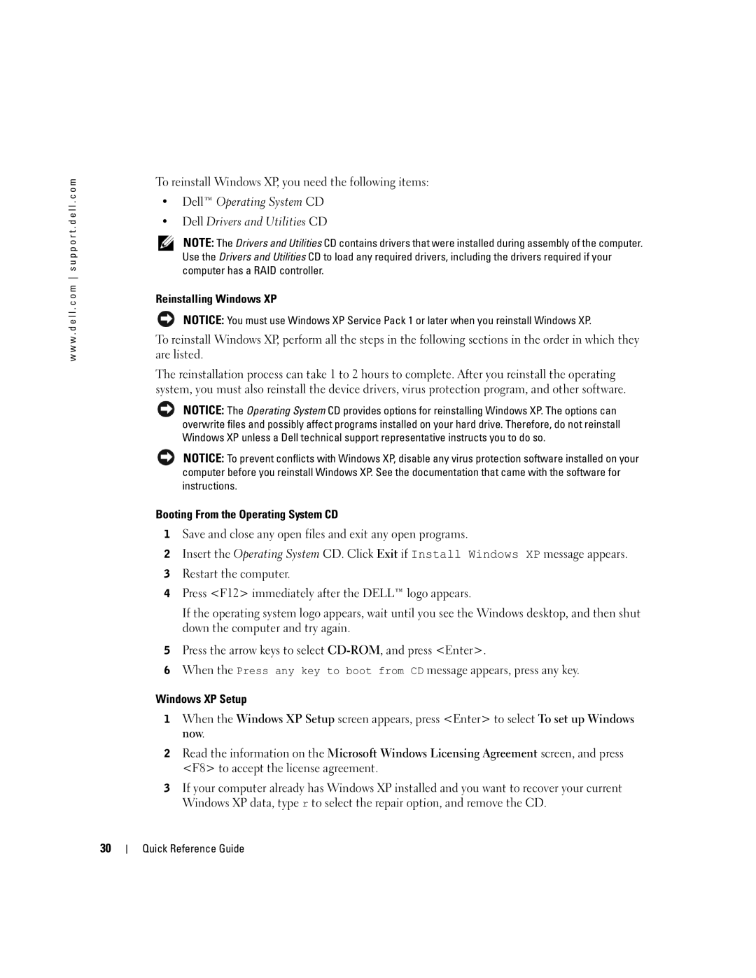 Dell X2956 manual Booting From the Operating System CD, Windows XP Setup 