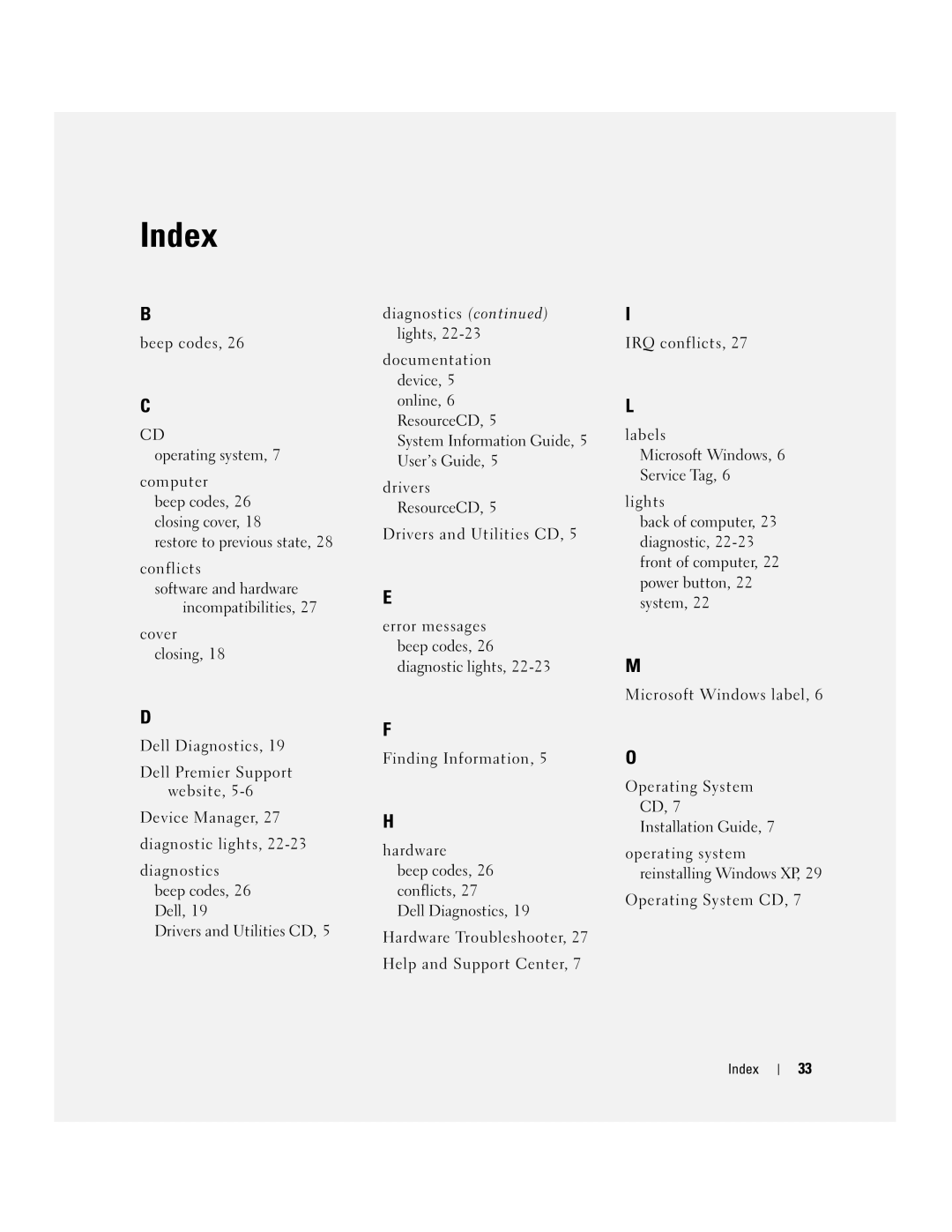 Dell X2956 manual Beep codes Operating system, Computer beep codes, 26 closing cover, Index 