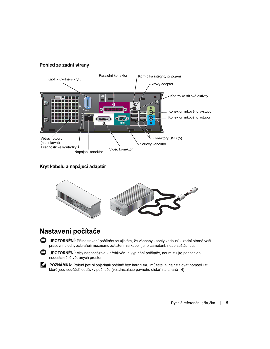 Dell X2956 manual Nastavení počítače, Pohled ze zadní strany, Kryt kabelu a napájecí adaptér 