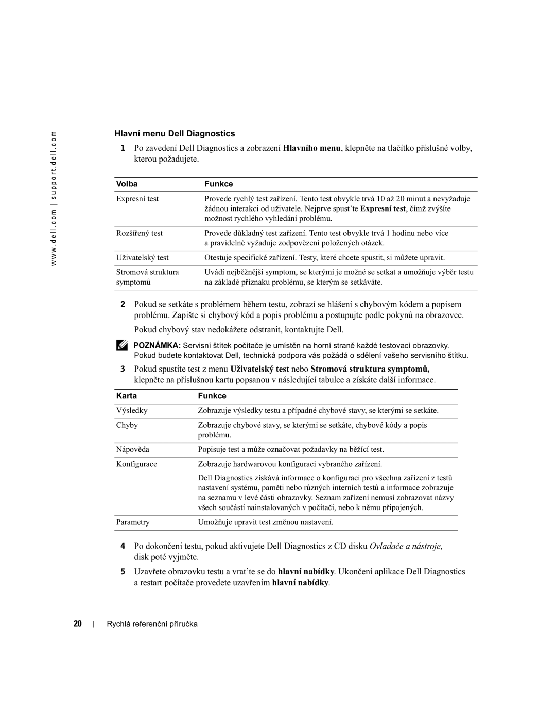 Dell X2956 manual Hlavní menu Dell Diagnostics, Volba Funkce Expresní test, Možnost rychlého vyhledání problému 