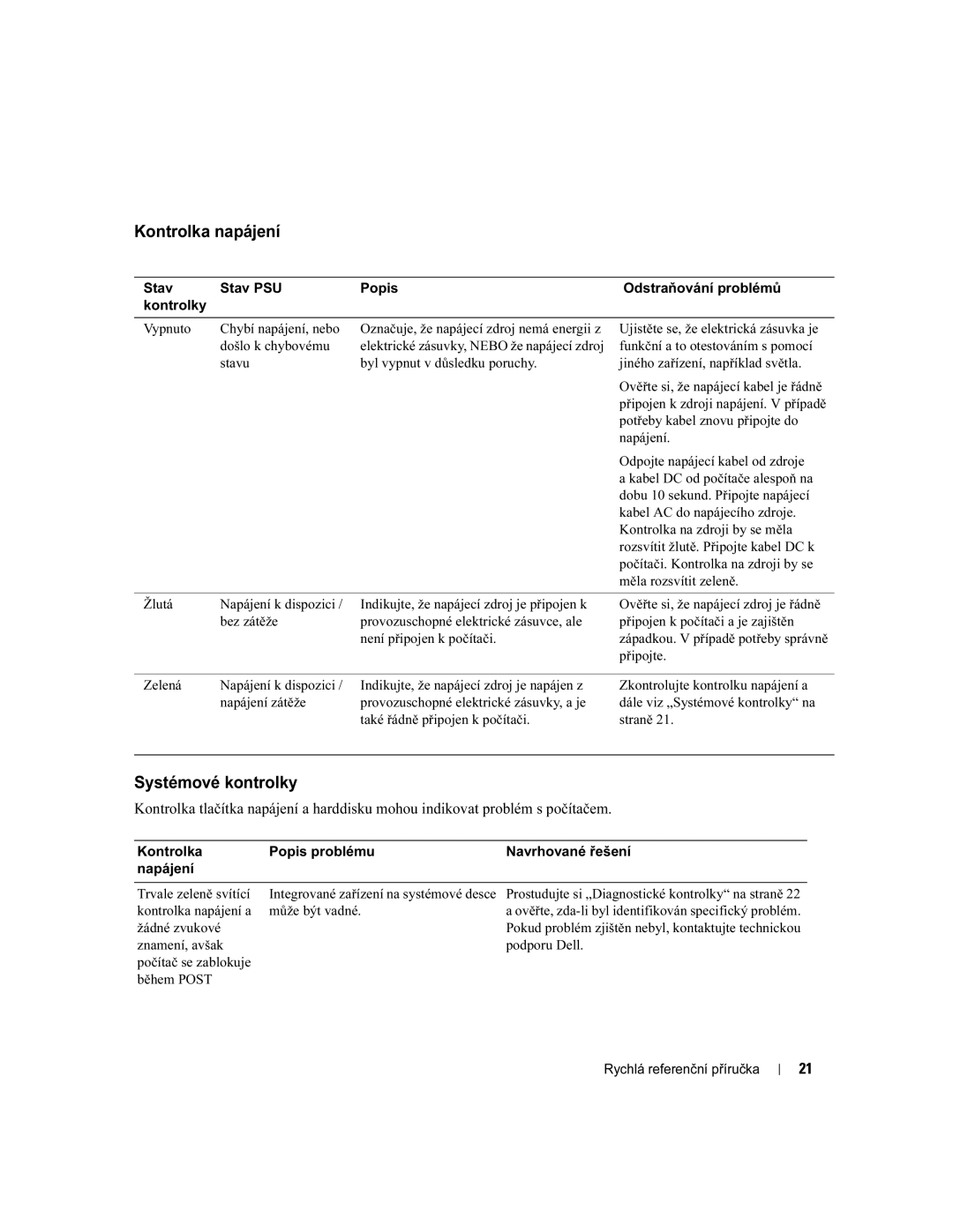 Dell X2956 manual Kontrolka napájení, Systémové kontrolky 
