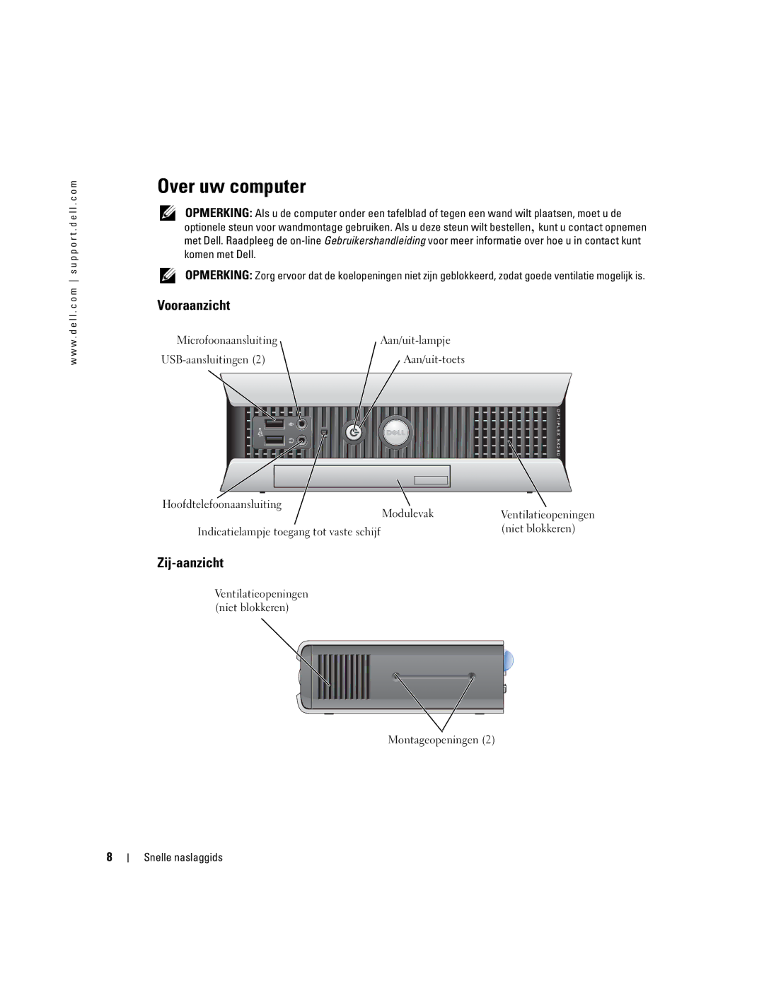 Dell X2956 manual Over uw computer, Vooraanzicht, Zij-aanzicht 