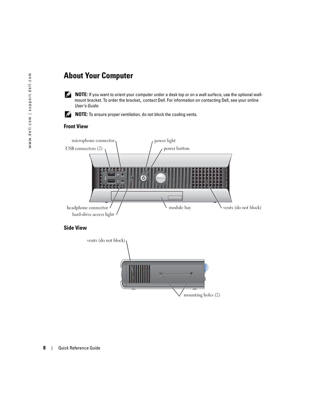 Dell X2956 manual About Your Computer, Front View, Side View 