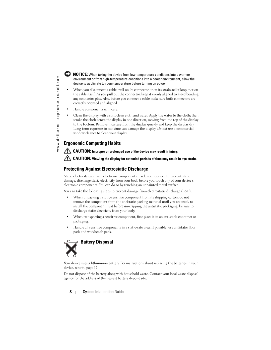 Dell X3 manual Battery Disposal 