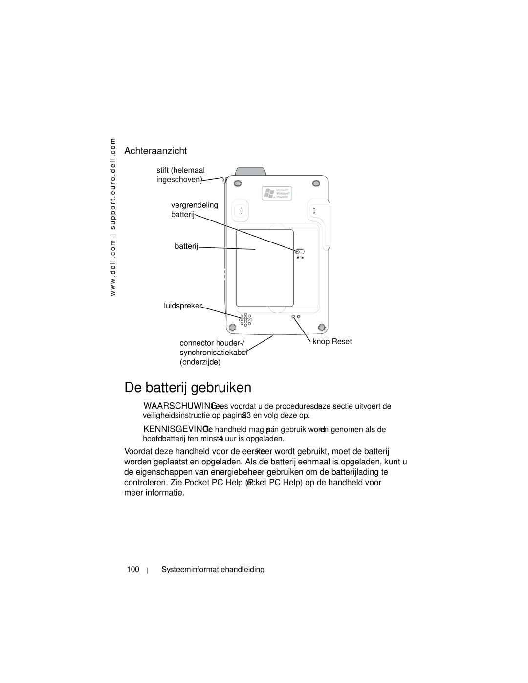 Dell X3 manual De batterij gebruiken, Achteraanzicht, Batterij Luidspreker Connector houder, Synchronisatiekabel Onderzijde 