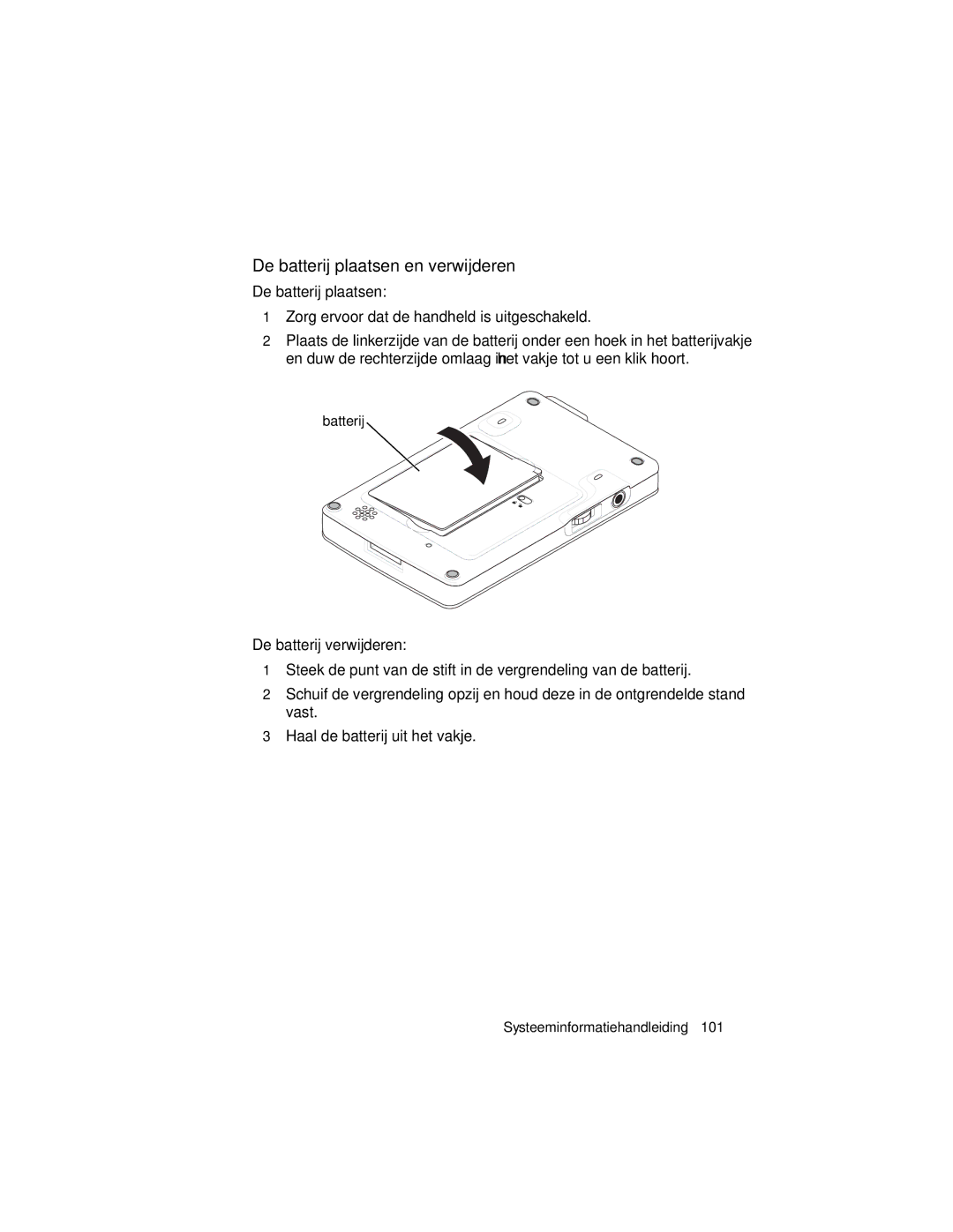 Dell X3 manual De batterij plaatsen en verwijderen, Batterij, Systeeminformatiehandleiding 101 