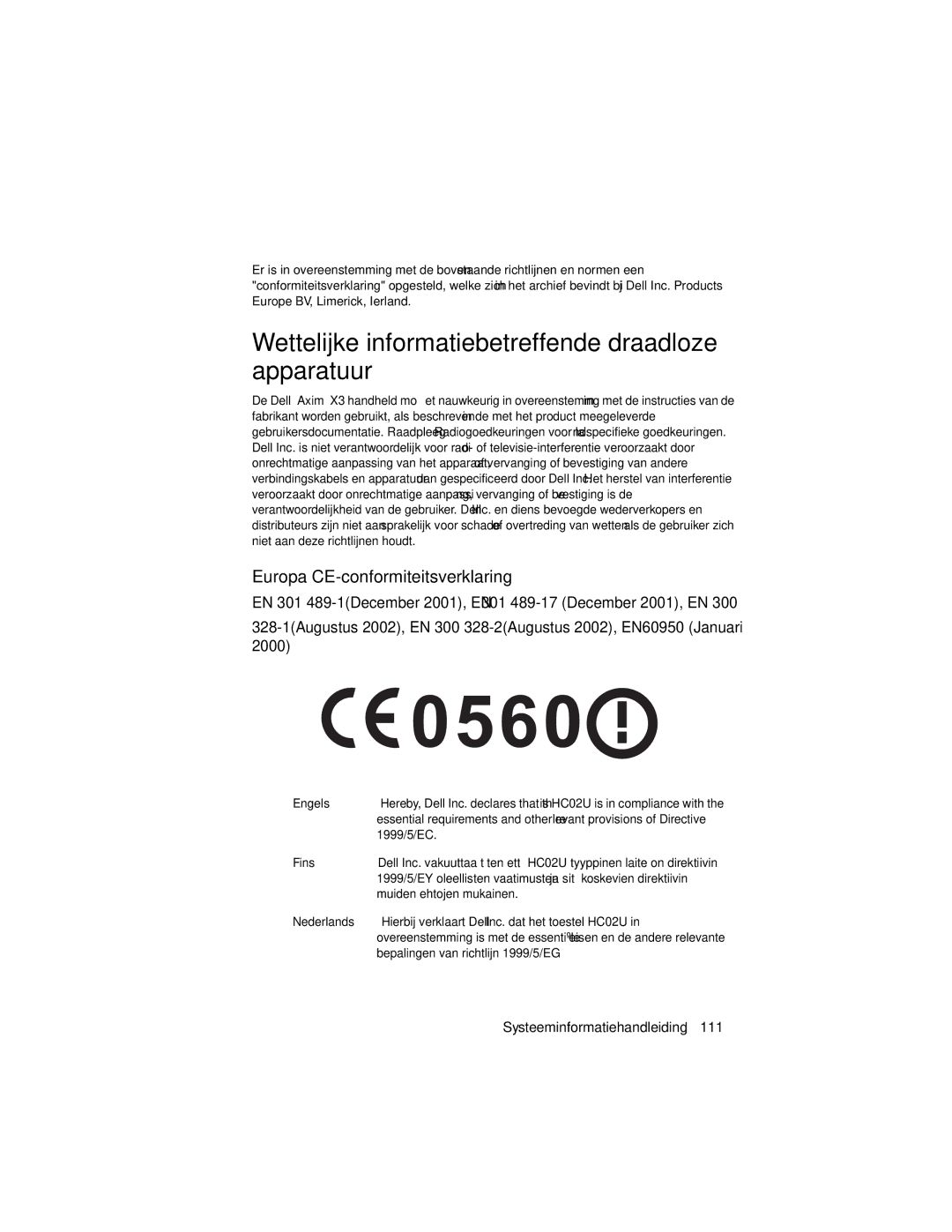 Dell X3 manual Wettelijke informatiebetreffende draadloze apparatuur, Europa-CE-conformiteitsverklaring 