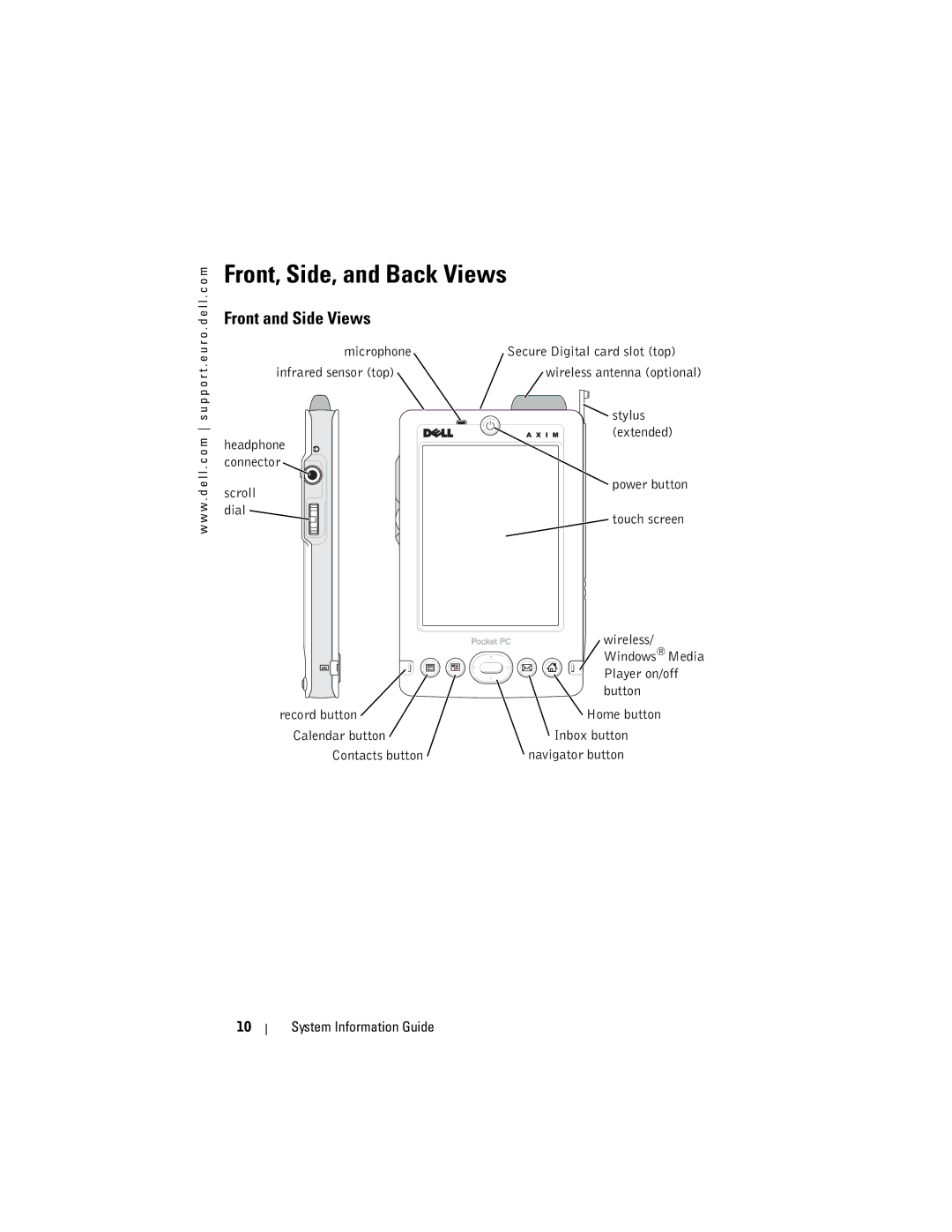 Dell X3 manual Front, Side, and Back Views, Front and Side Views, Microphone Infrared sensor top 