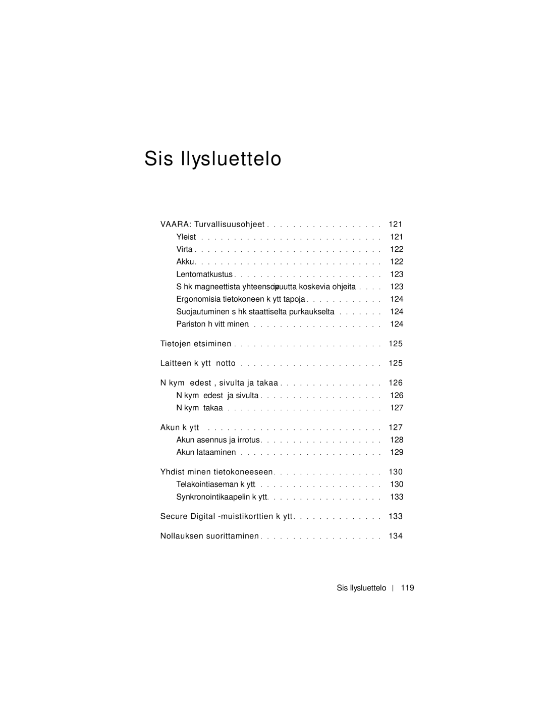 Dell X3 manual 121, 122, 123, 125, Näkymä edestä, sivulta ja takaa 126, 127, 128, 129, 130, 133, 134, Sisällysluettelo 119 