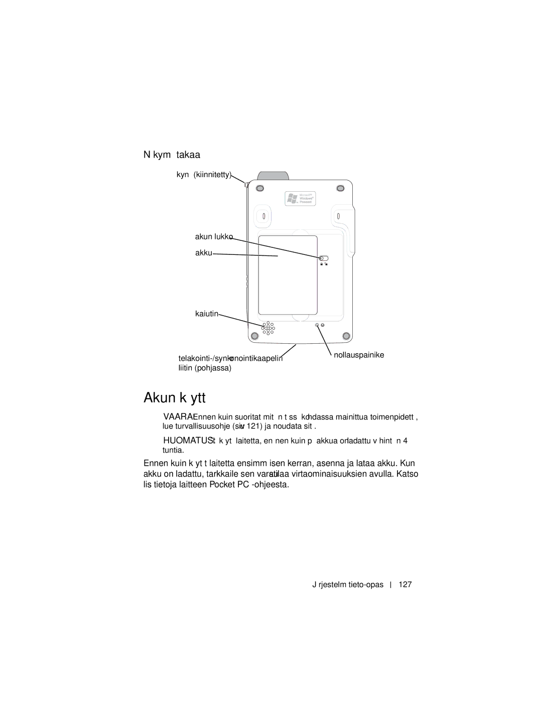 Dell X3 manual Akun käyttö, Näkymä takaa, Liitin pohjassa, Järjestelmätieto-opas 127 