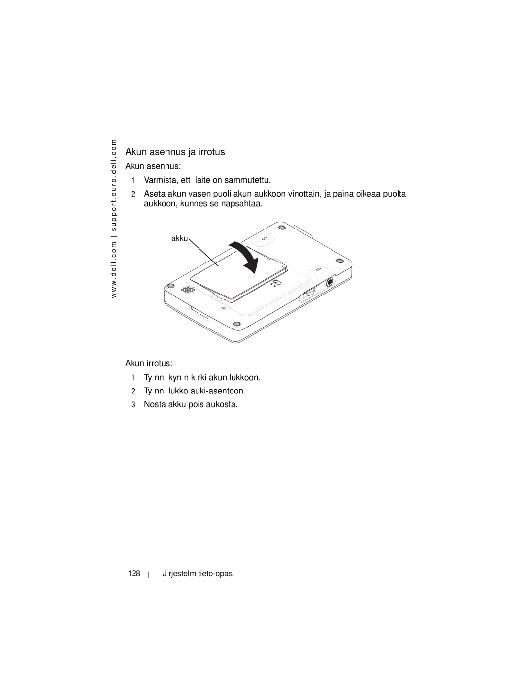 Dell X3 manual Akun asennus ja irrotus, 128 Järjestelmätieto-opas 