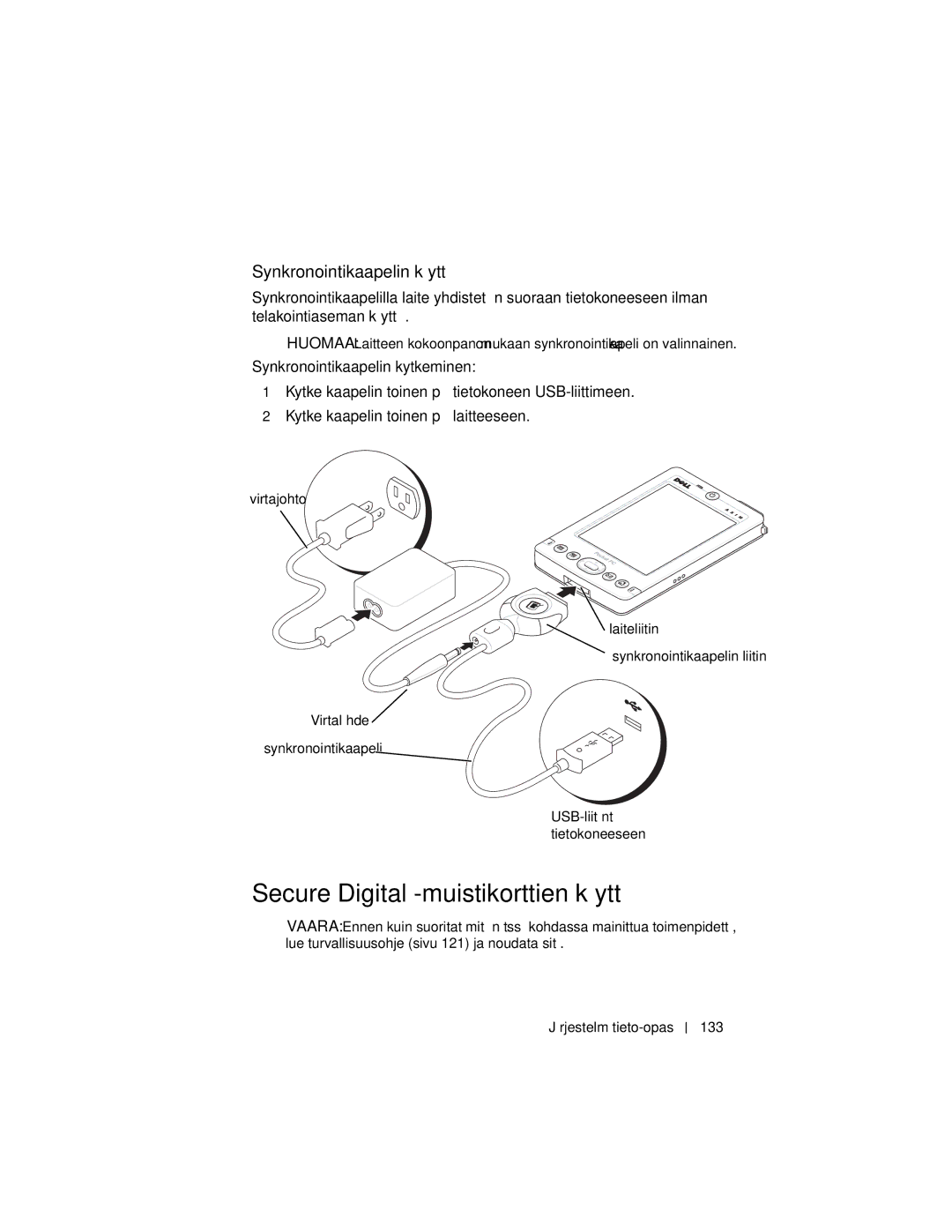 Dell X3 manual Secure Digital -muistikorttien käyttö, Synkronointikaapelin käyttö 