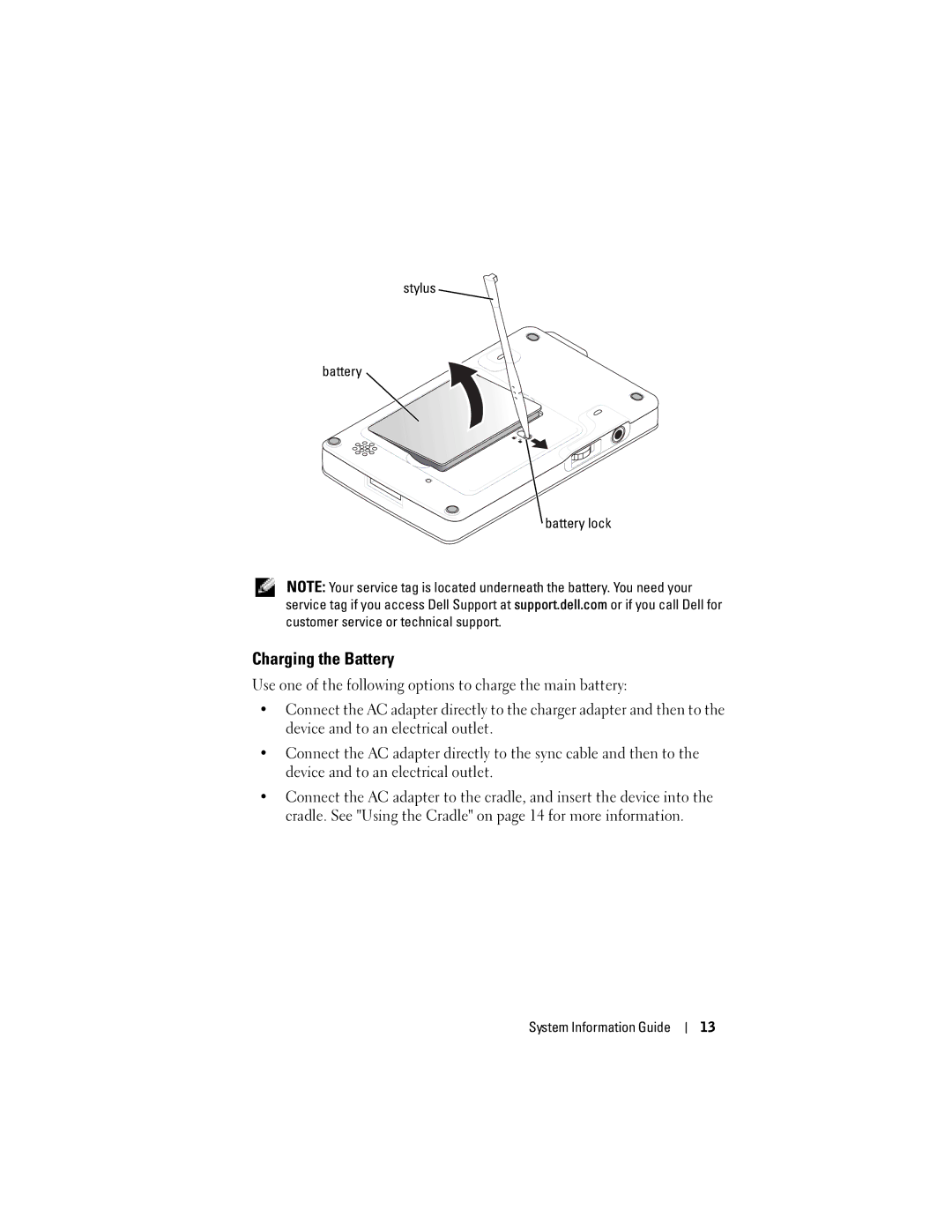 Dell X3 manual Charging the Battery, Stylus Battery Battery lock 