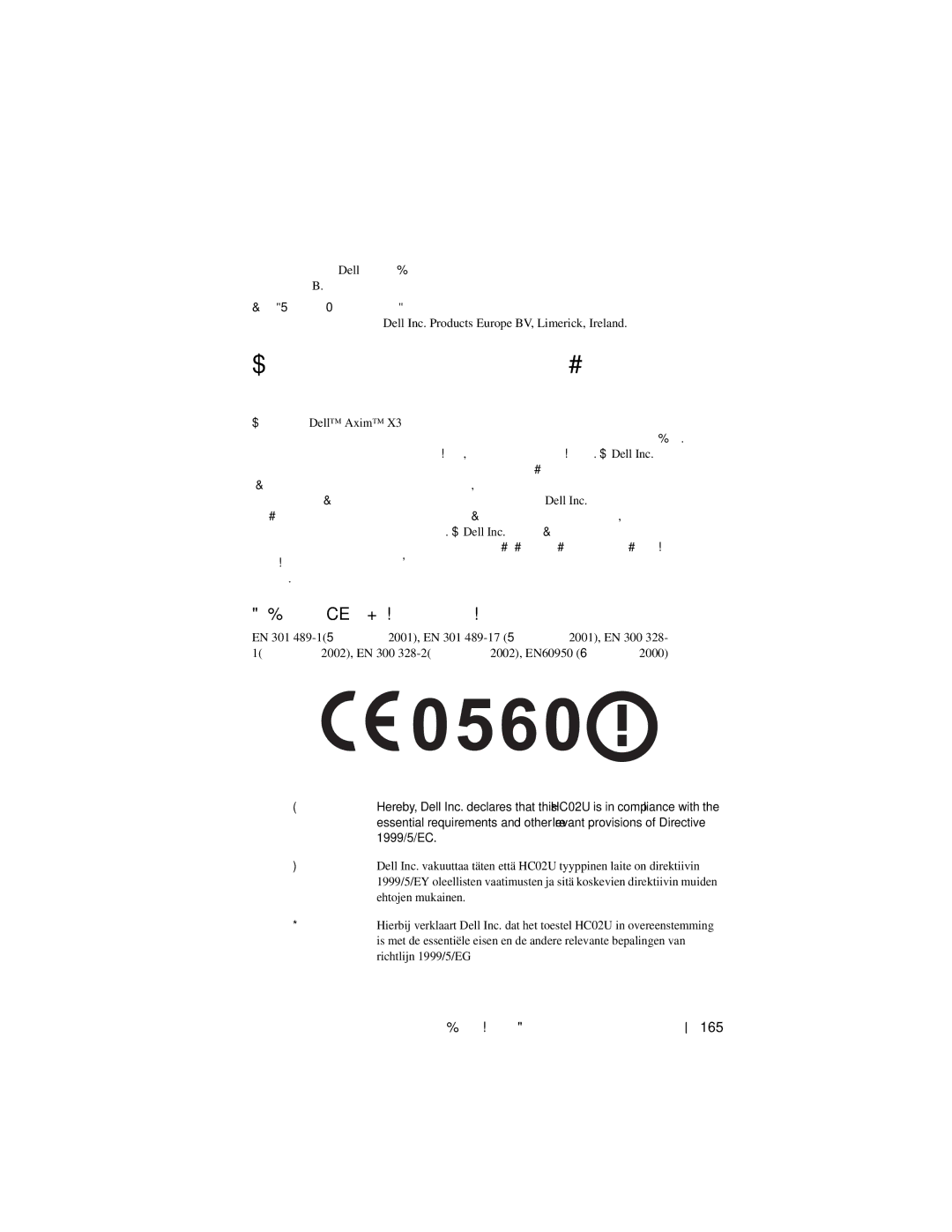 Dell X3 manual Ασύρµατες Πληροφορίες ρυθµιστικών φορέων, Ευρώπη-CE∆ήλωση Συµµόρφωσης, Οδηγός Πληροφοριών του Συστήµατος 165 