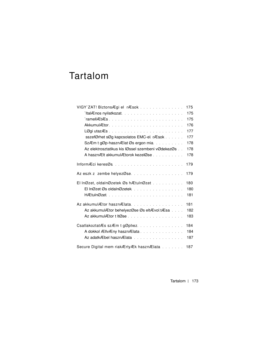 Dell X3 manual 175, 176, 177, 179, 180, 181, Az akkumulátor behelyezése és eltávolítása 182, 183, 184, 187, Tartalom 