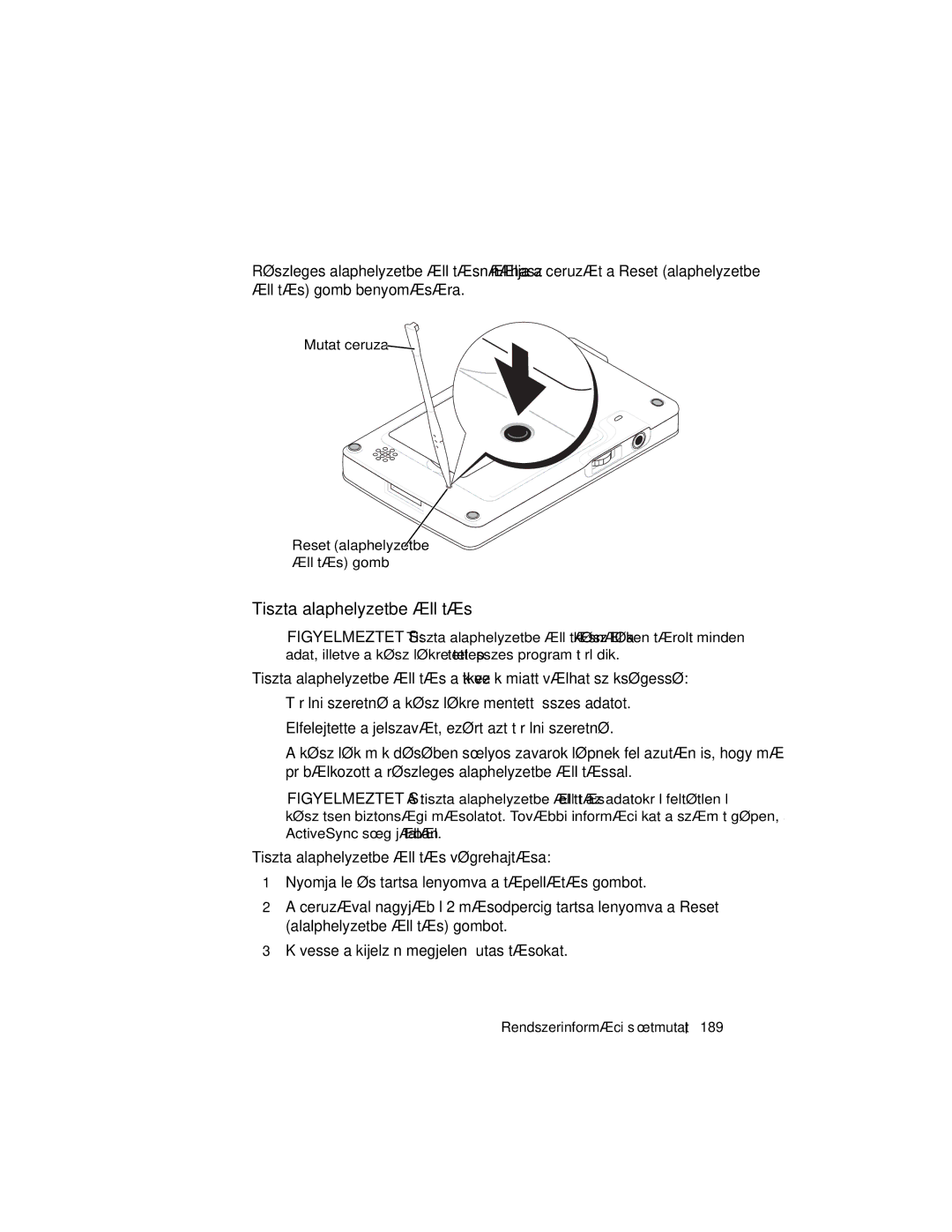 Dell X3 manual Tiszta alaphelyzetbe állítás, Mutatóceruza, Rendszerinformációs útmutató 189 