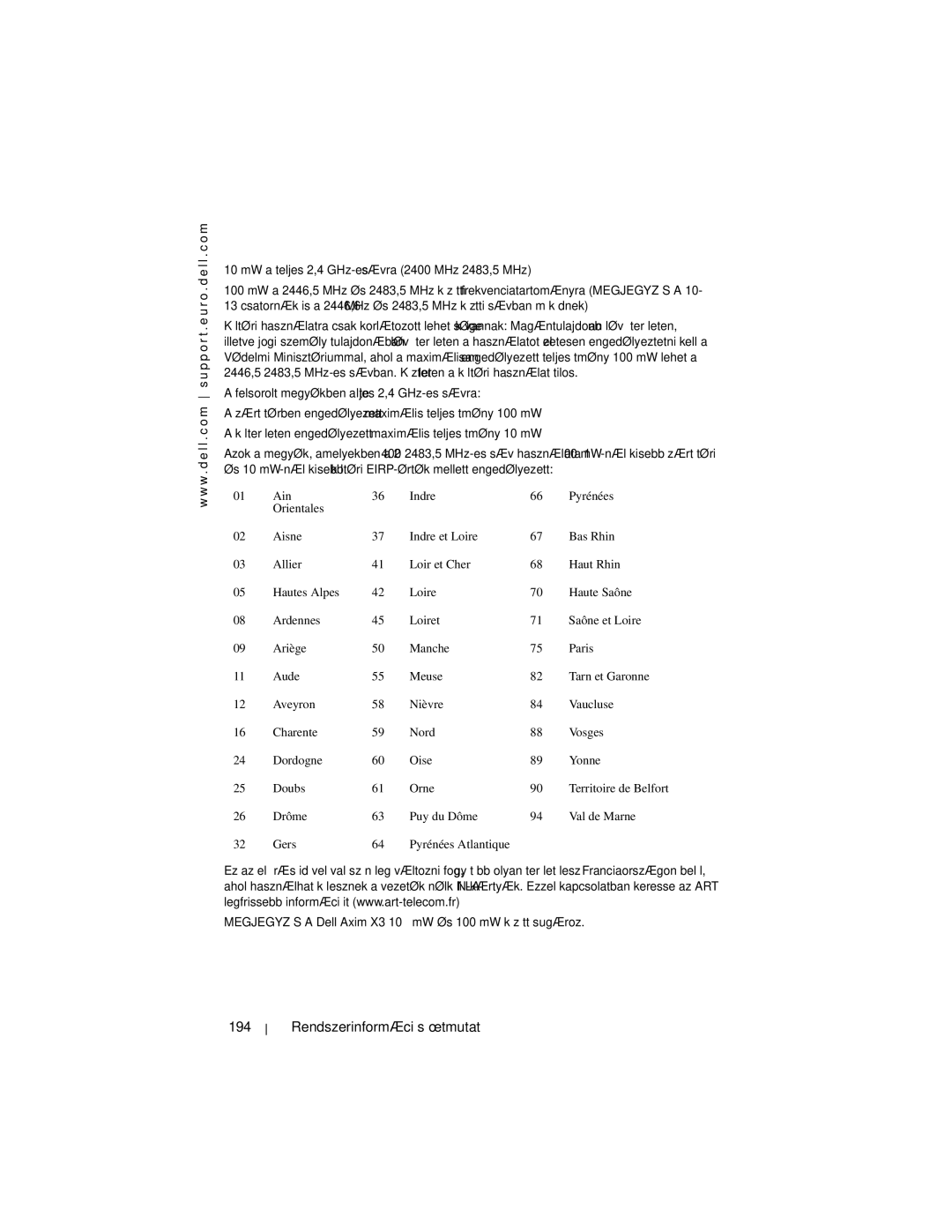 Dell X3 manual Rendszerinformációs útmutató, MW a teljes 2,4 GHz-es sávra 2400 MHz-2483,5 MHz 