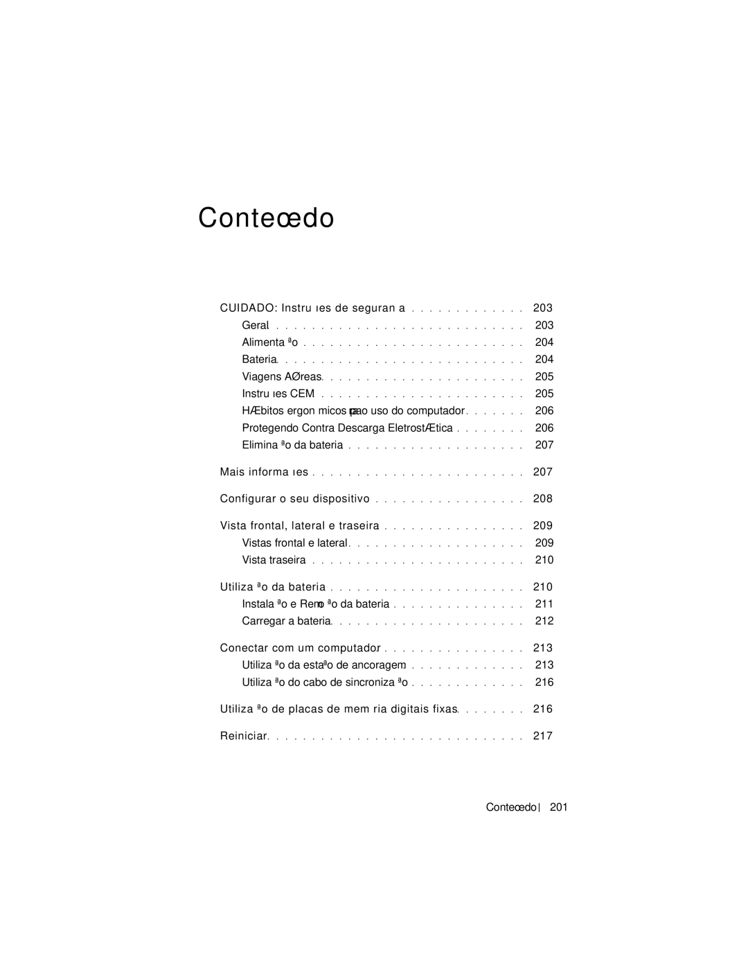 Dell X3 Cuidado Instruções de segurança 203, 204, 205, 207, 208, Vista frontal, lateral e traseira 209, 210, 212, 213, 217 