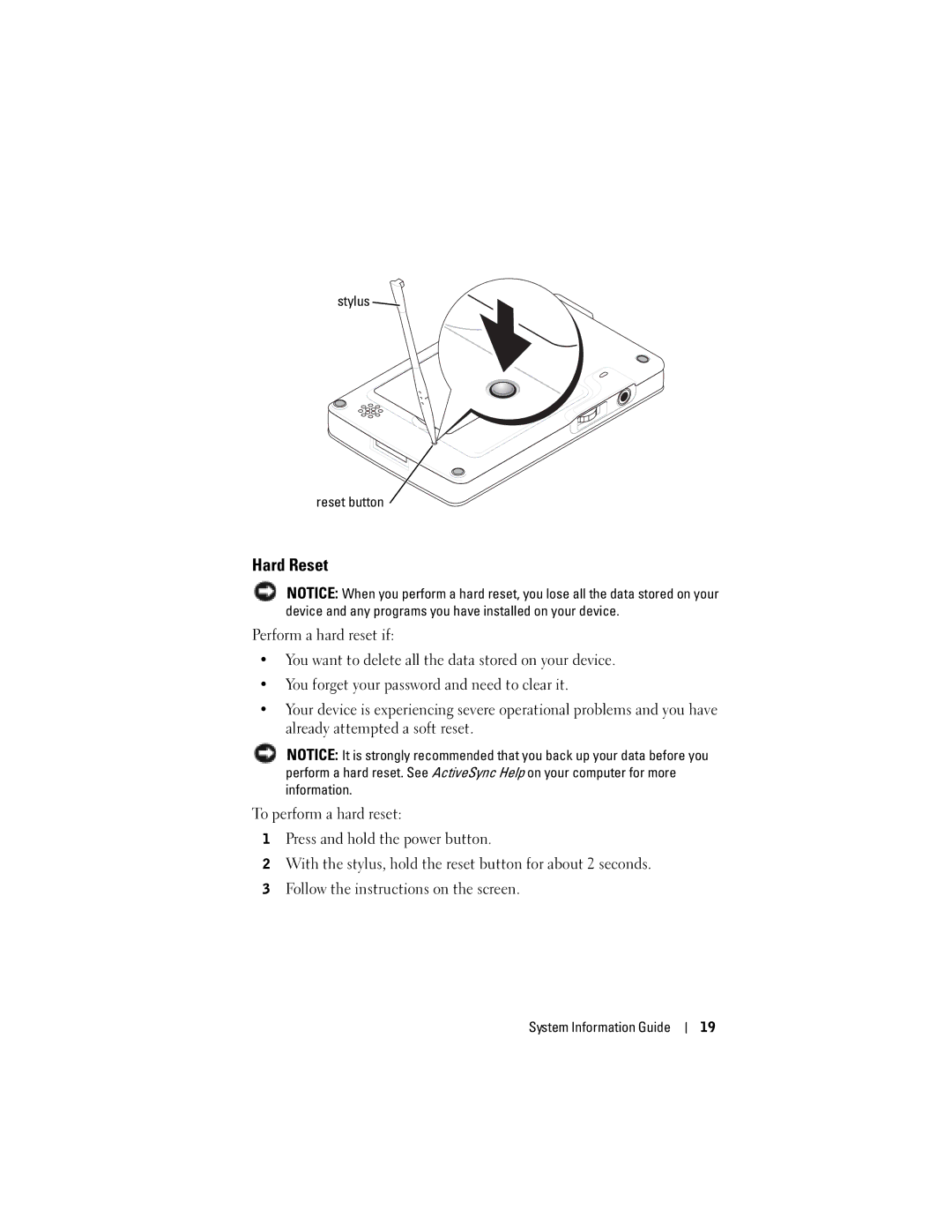 Dell X3 manual Hard Reset, Stylus Reset button 