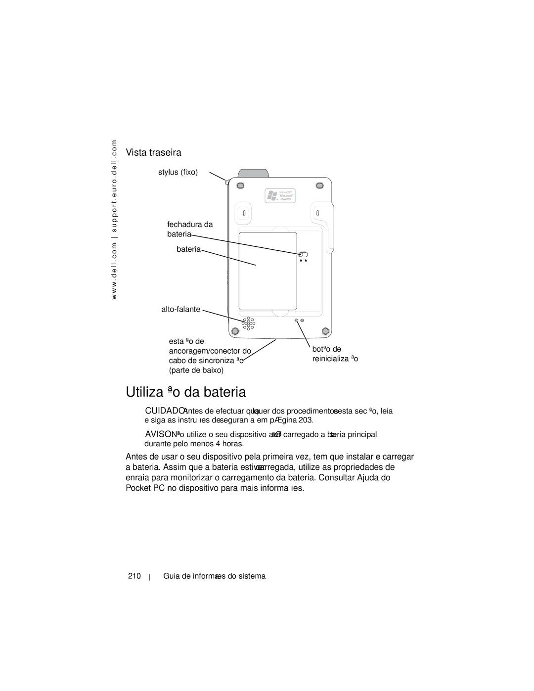 Dell X3 manual Utilização da bateria, Vista traseira, Stylus fixo Fechadura da bateria Bateria Alto-falante 