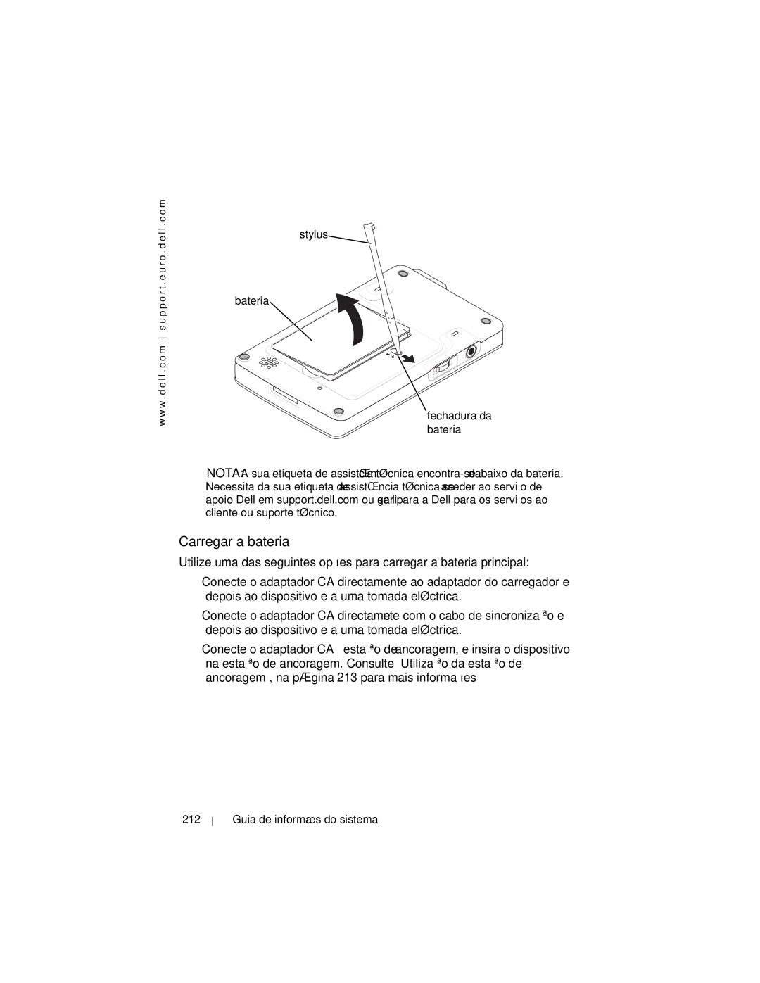 Dell X3 manual Carregar a bateria, Stylus Bateria Fechadura da bateria, Guia de informações do sistema 