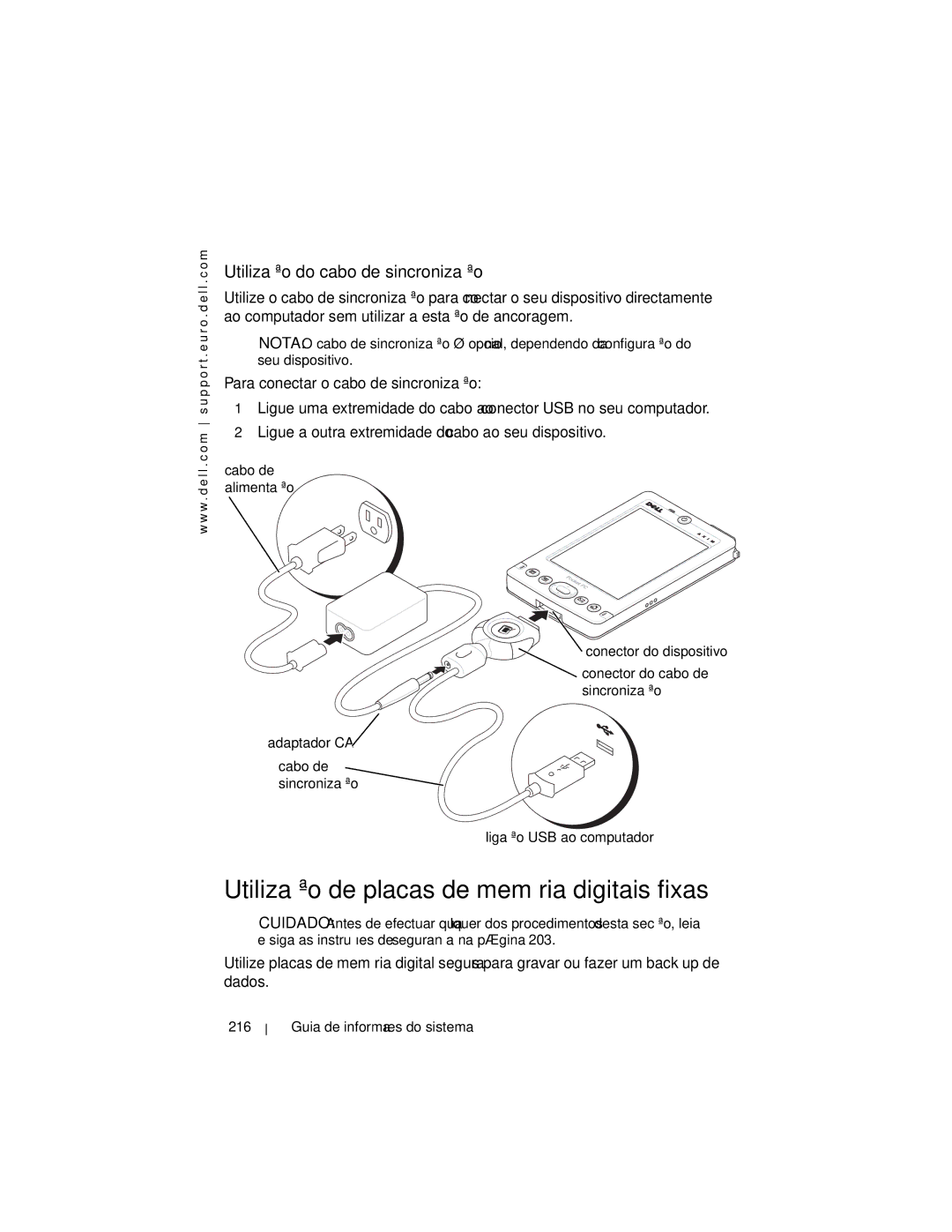 Dell X3 Utilização de placas de memória digitais fixas, Utilização do cabo de sincronização, Ligação USB ao computador 