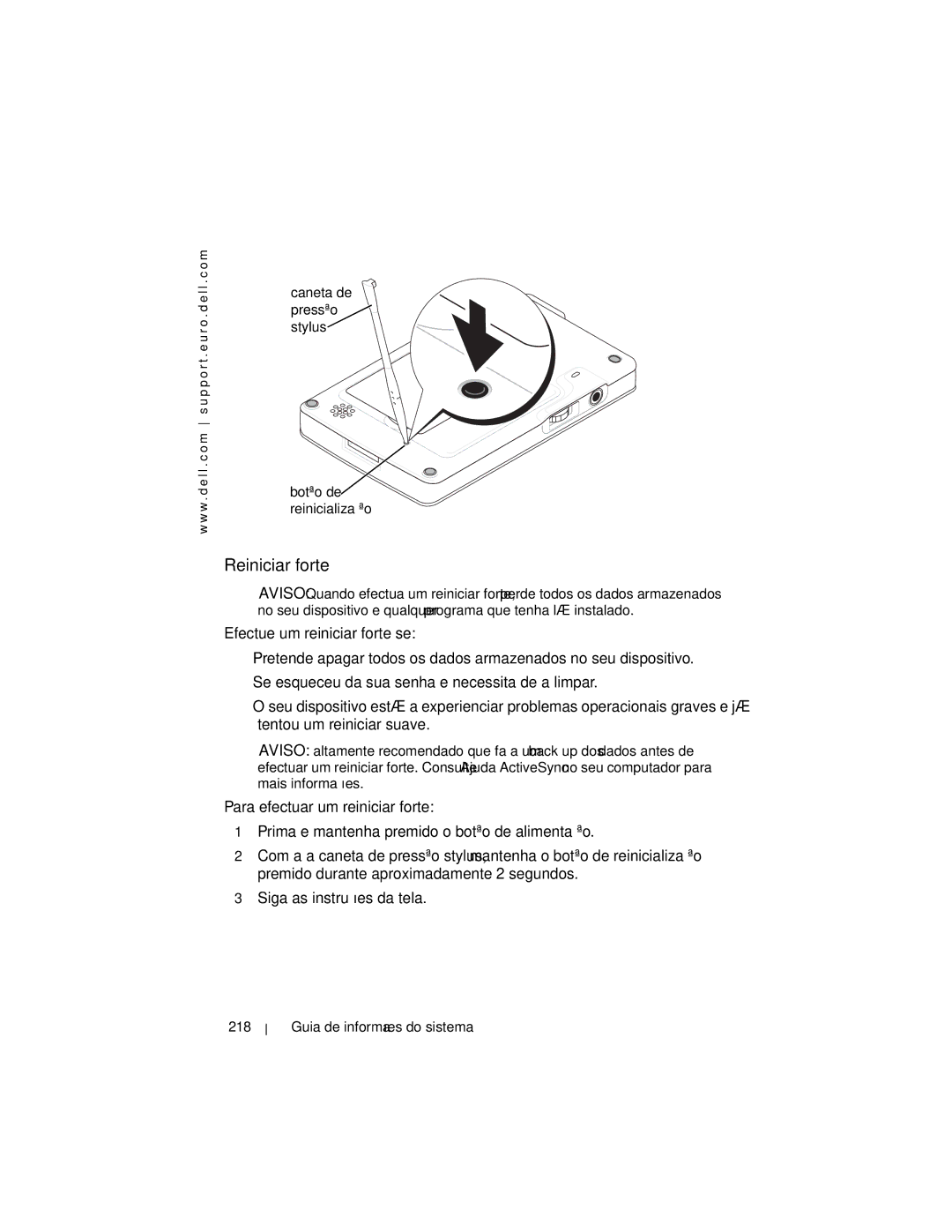 Dell X3 manual Reiniciar forte, Guia de informações do sistema 