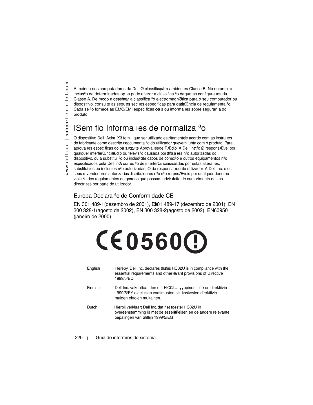 Dell X3 manual ISem fio Informações de normalização, Europa-Declaração de Conformidade CE, Guia de informações do sistema 