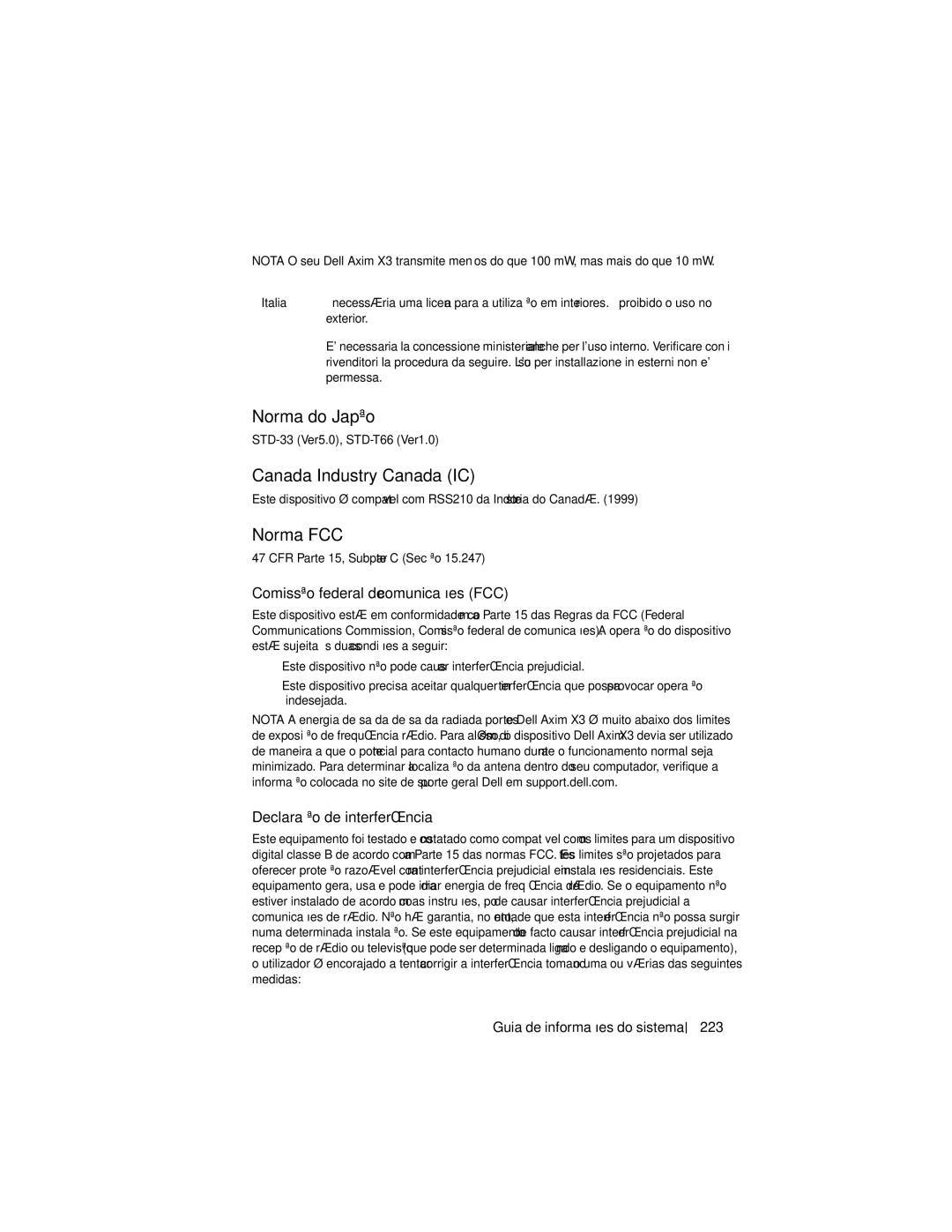 Dell X3 manual Norma do Japão, Norma FCC, Comissão federal de comunicações FCC, Declaração de interferência 