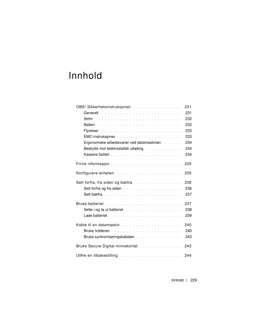 Dell X3 manual 231, 232, 233, 235, Sett forfra, fra siden og bakfra 236, 237, 238, 239, 240, 243, 244, Innhold 229 