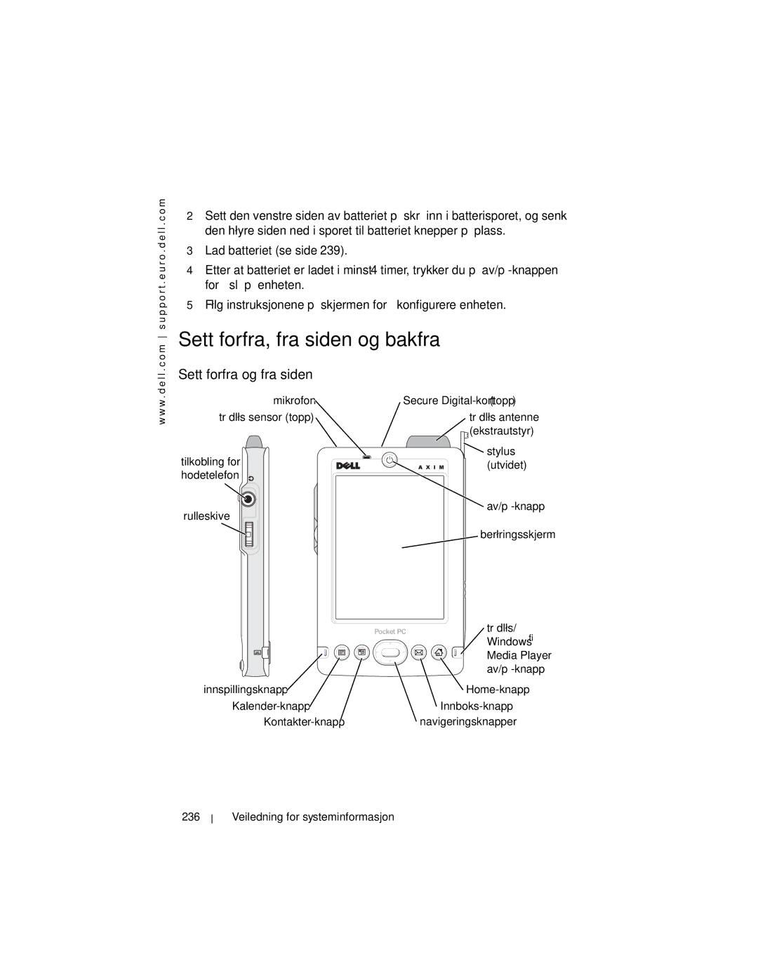 Dell X3 manual Sett forfra, fra siden og bakfra, Sett forfra og fra siden 