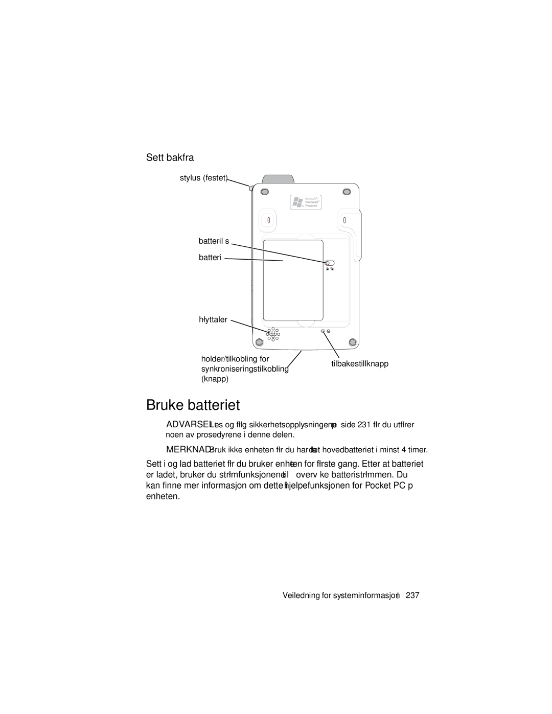 Dell X3 manual Bruke batteriet, Sett bakfra 