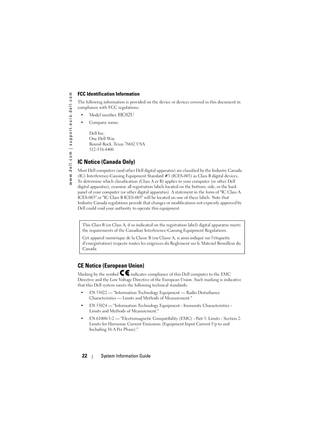 Dell X3 manual IC Notice Canada Only, CE Notice European Union, FCC Identification Information 