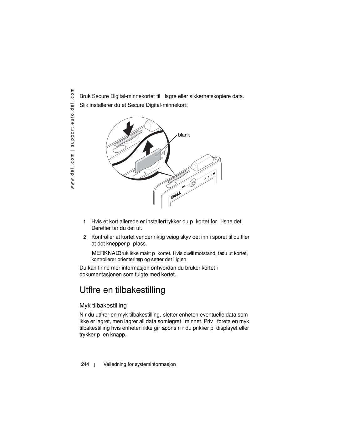 Dell X3 manual Utføre en tilbakestilling, Myk tilbakestilling, Veiledning for systeminformasjon 