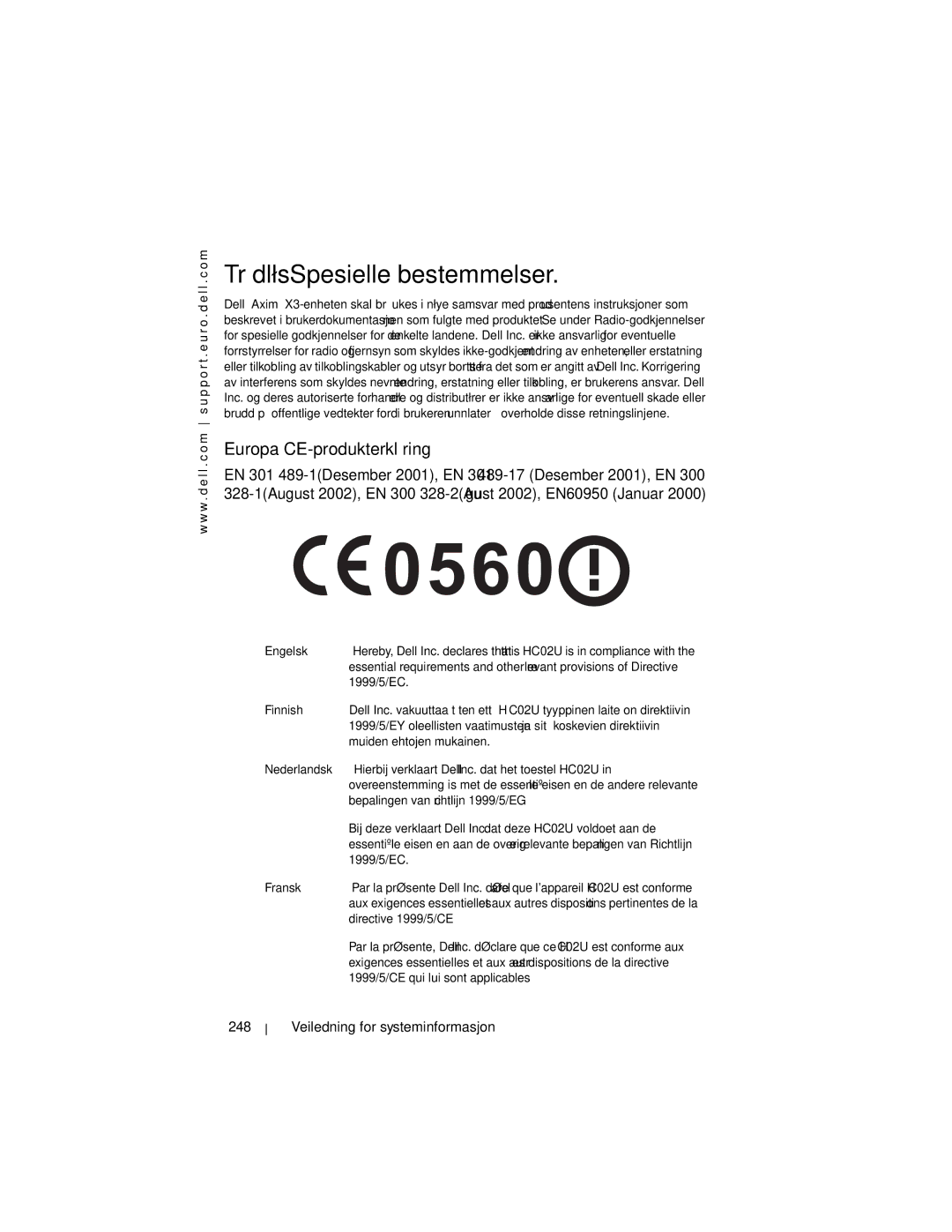 Dell X3 manual TrådløsSpesielle bestemmelser, Europa-CE-produkterklæring, Veiledning for systeminformasjon 