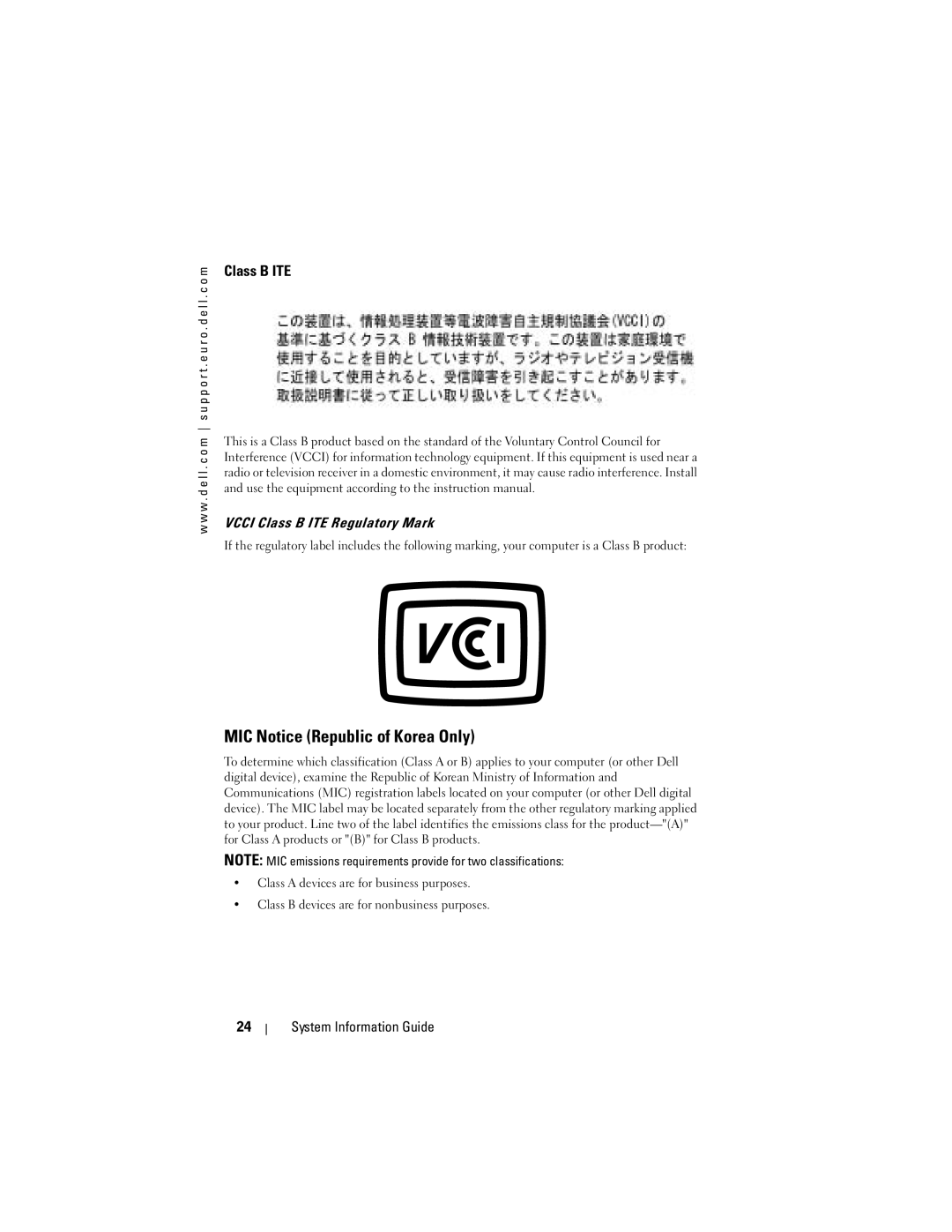 Dell X3 manual MIC Notice Republic of Korea Only, Vcci Class B ITE Regulatory Mark 