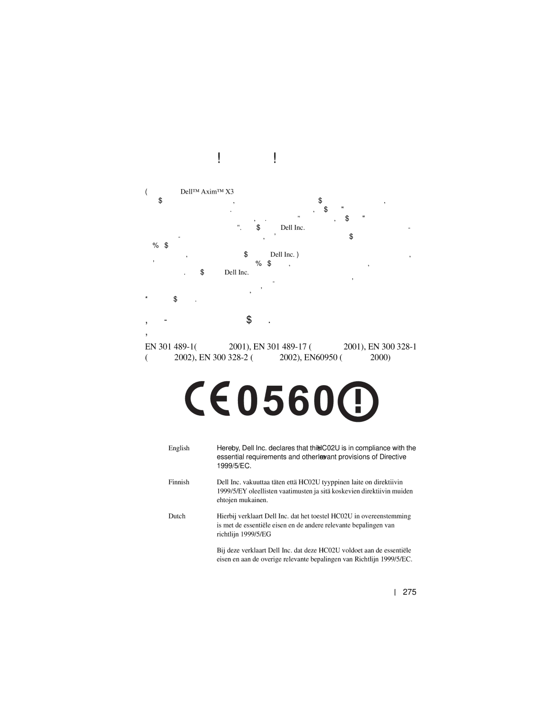 Dell X3 manual Европа-Декларация о соответствии стандартам Совета Европы, Информационное руководство по системе 275 