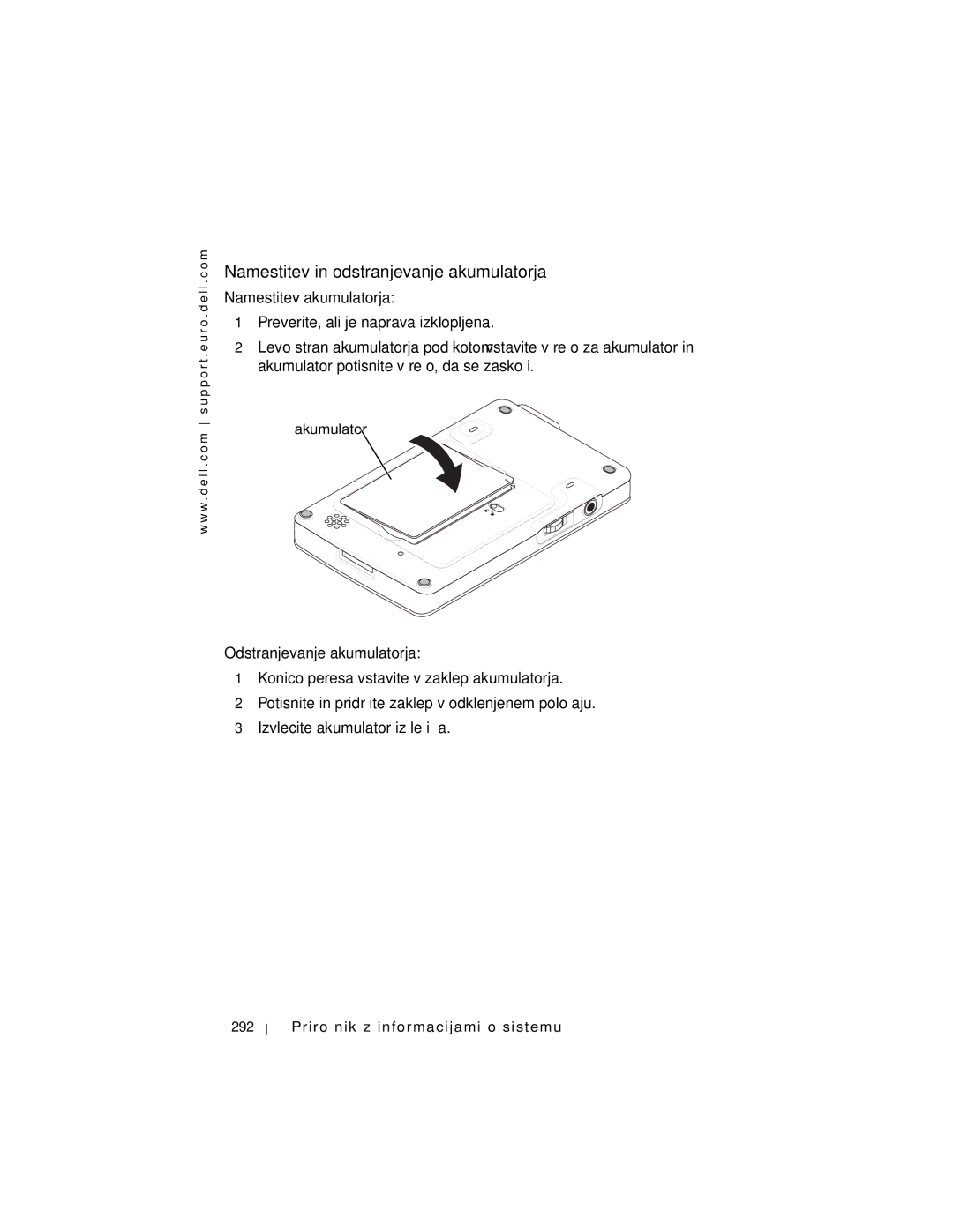 Dell X3 manual Namestitev in odstranjevanje akumulatorja, 292 