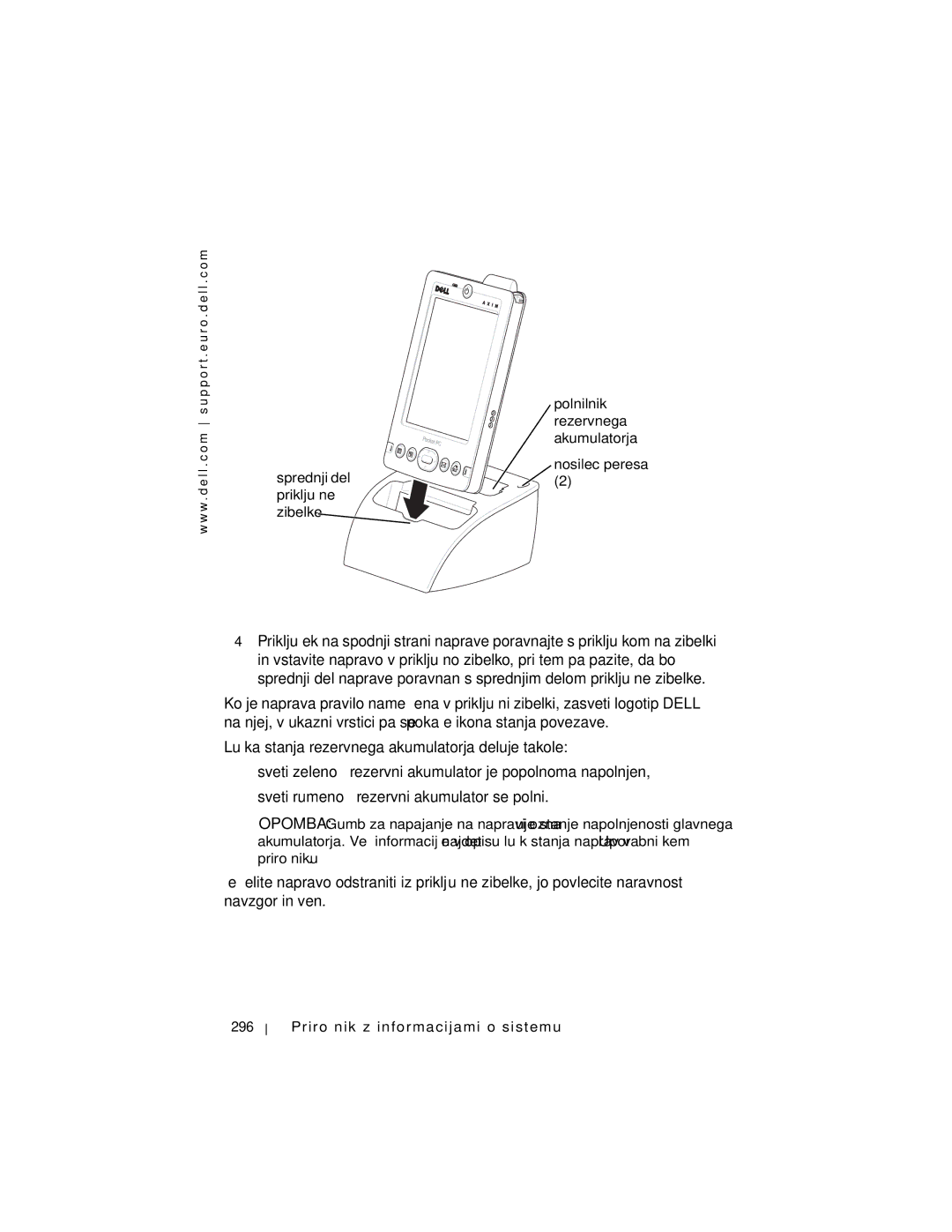 Dell X3 manual Sprednji del, Priključne Zibelke 