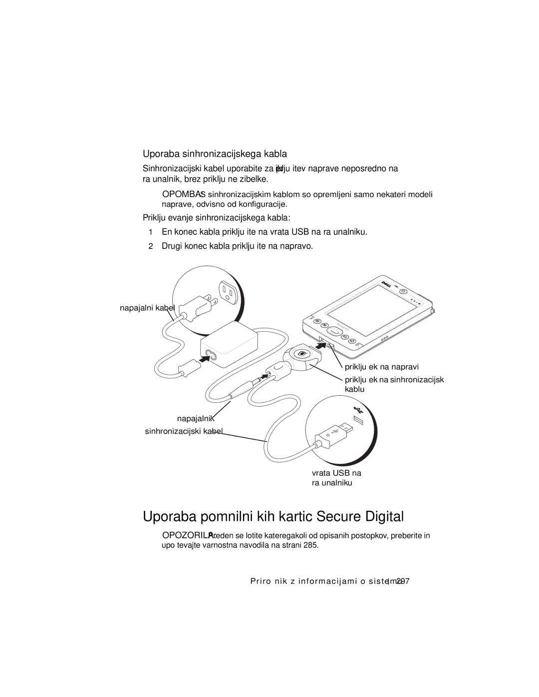 Dell X3 manual Uporaba pomnilniških kartic Secure Digital, Uporaba sinhronizacijskega kabla 