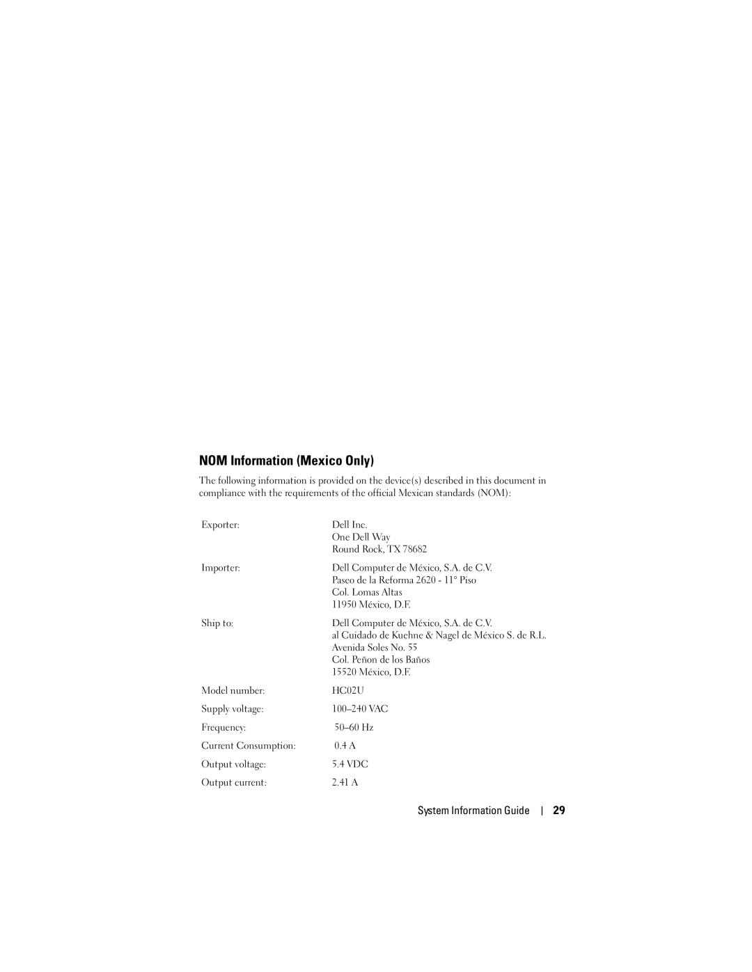 Dell X3 manual NOM Information Mexico Only, HC02U 