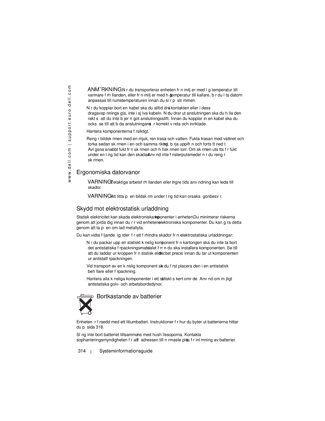 Dell X3 manual Ergonomiska datorvanor, Skydd mot elektrostatisk urladdning, Bortkastande av batterier 