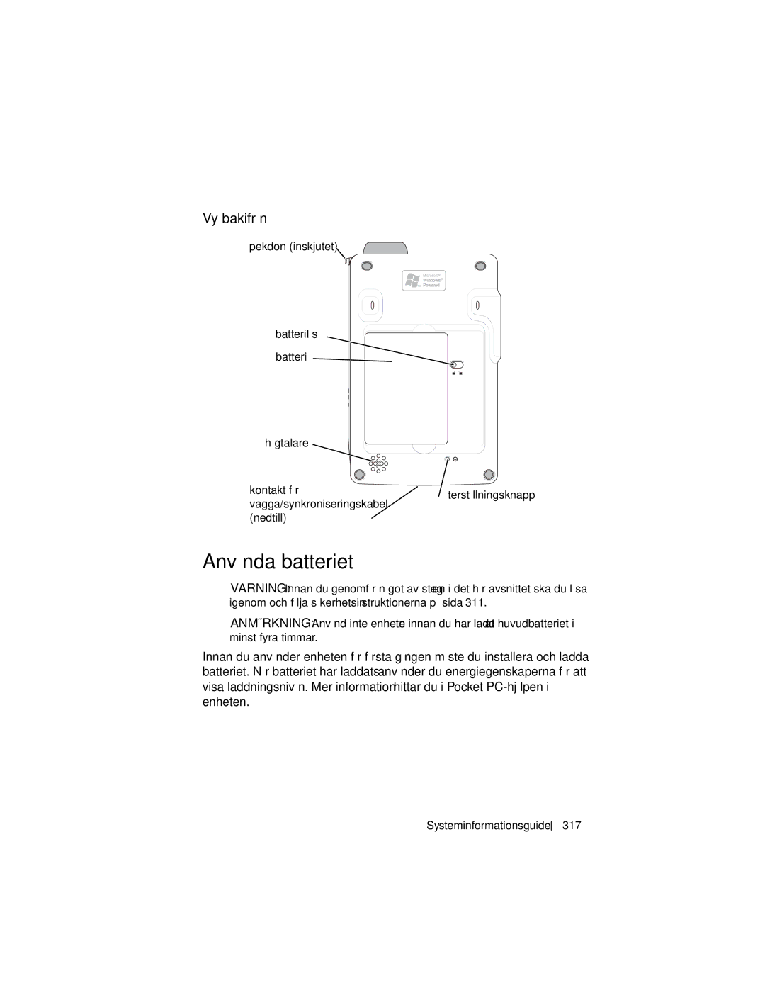 Dell X3 manual Använda batteriet, Vy bakifrån 