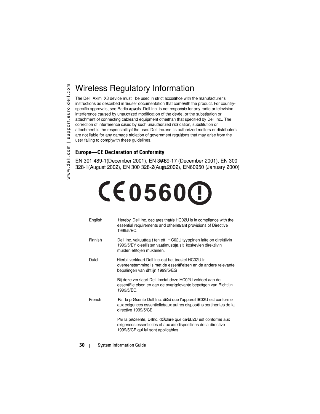 Dell X3 manual Wireless Regulatory Information, Europe-CE Declaration of Conformity 