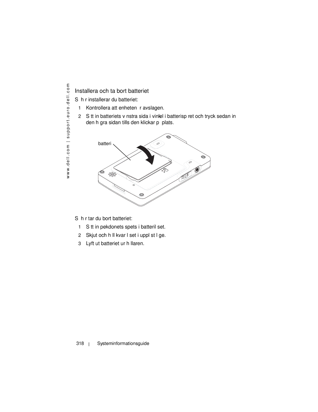 Dell X3 manual Installera och ta bort batteriet, Systeminformationsguide 