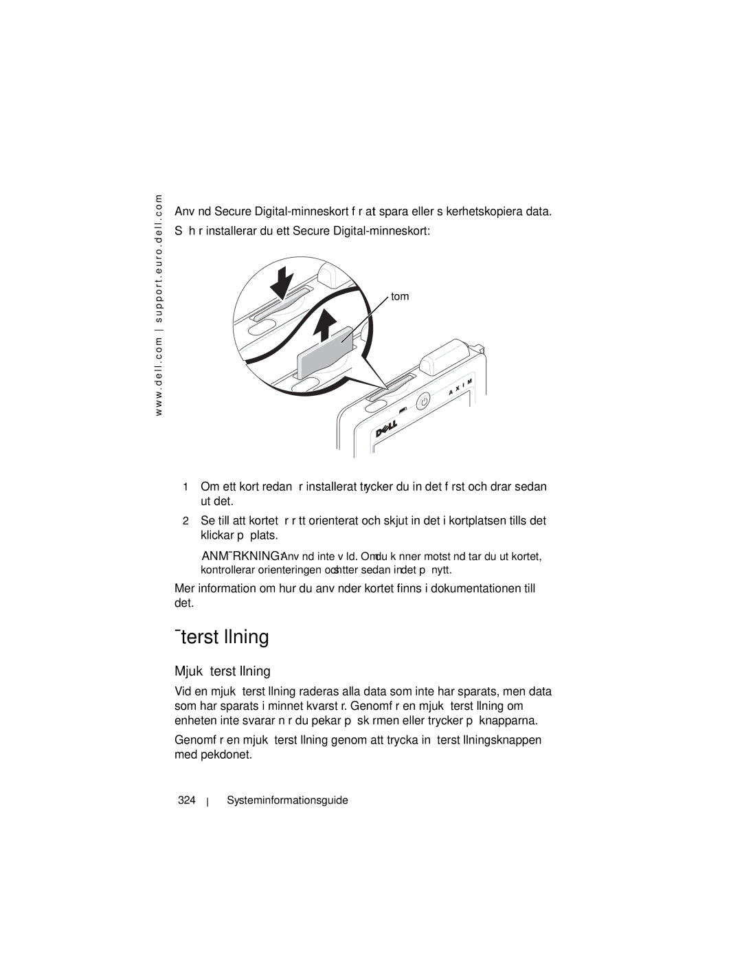 Dell X3 manual Återställning, Mjuk återställning, Tom, Systeminformationsguide 