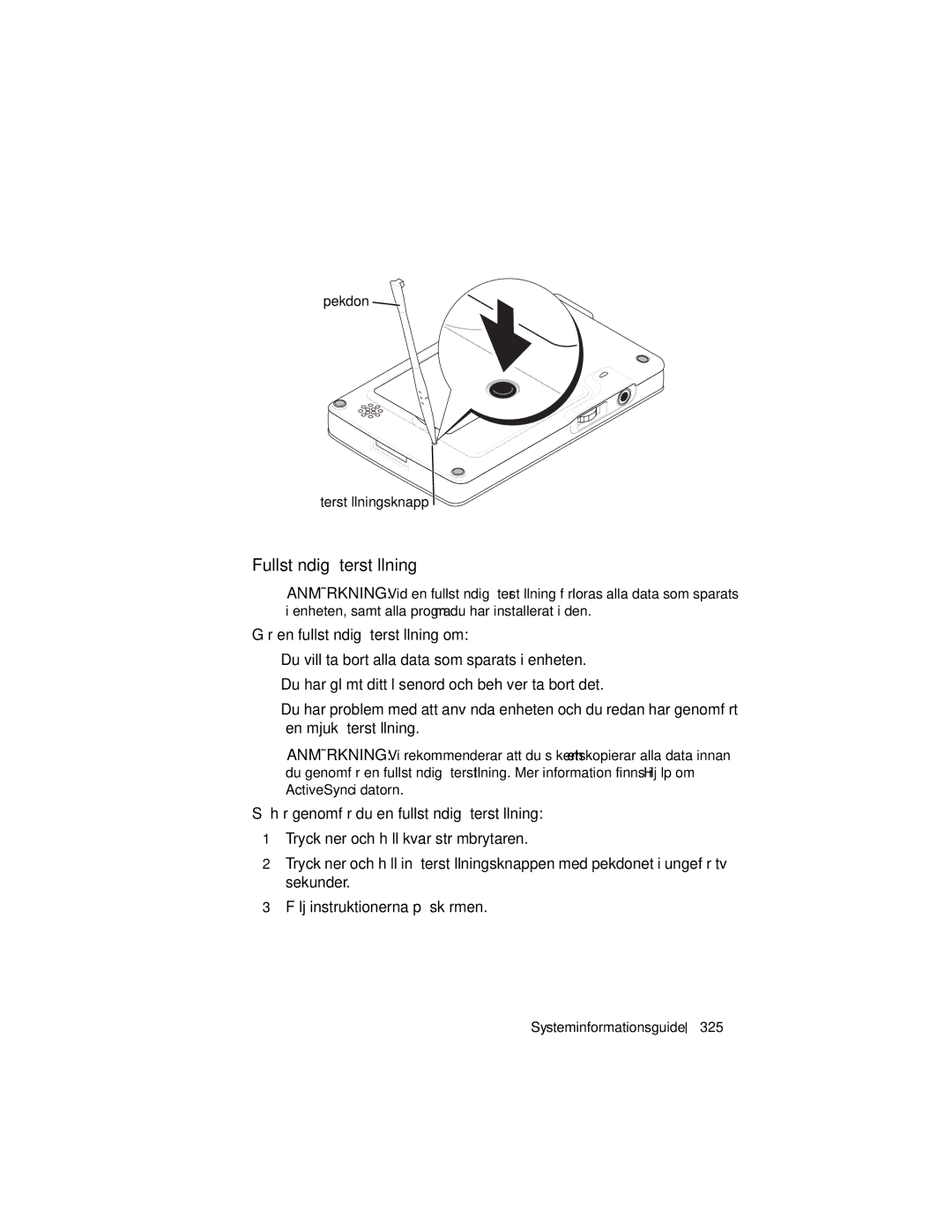 Dell X3 manual Fullständig återställning, Pekdon Återställningsknapp, ActiveSync i datorn, Systeminformationsguide 325 