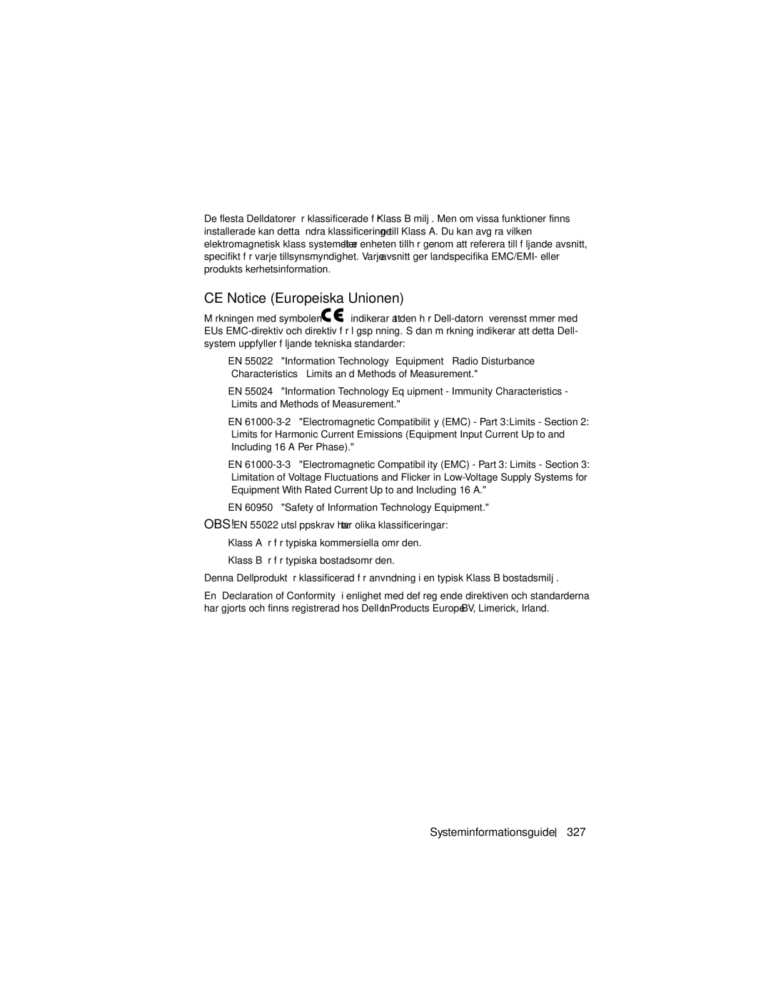 Dell X3 manual CE Notice Europeiska Unionen, Systeminformationsguide 327 